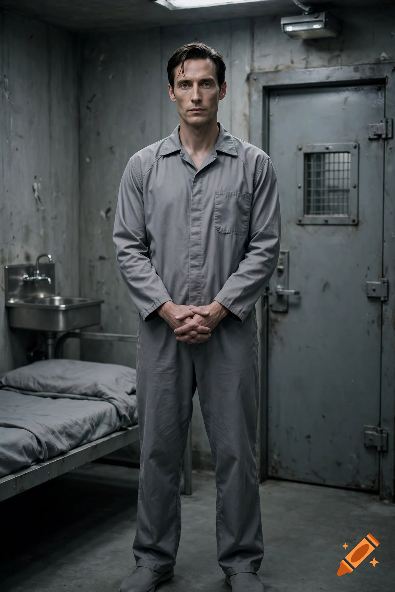 Photorealistic portrait of a man in a grey prison jumpsuit standing in a cell with a metal door and sink.