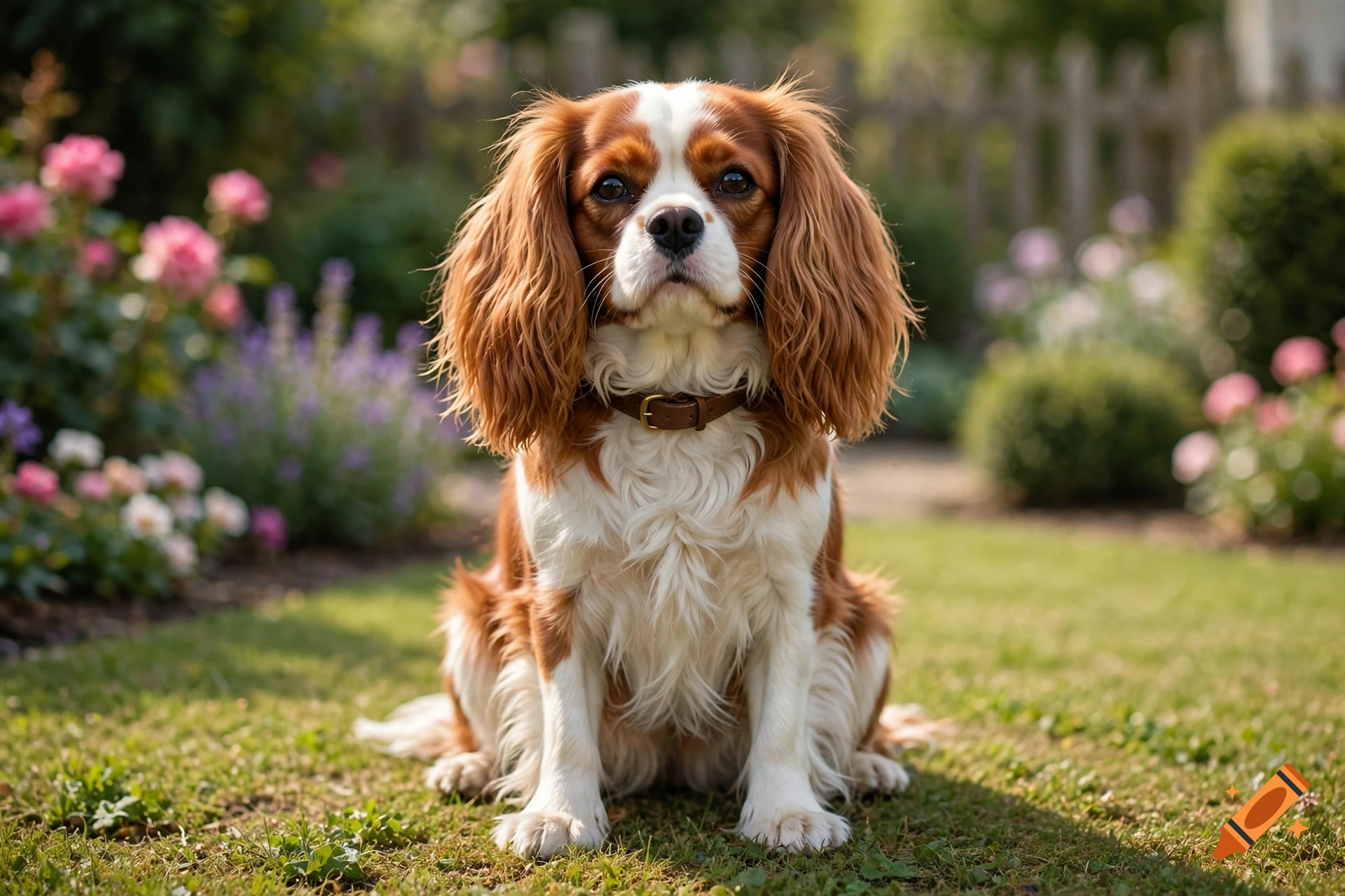 Photorealistic image of a Cavalier King Charles Spaniel sitting on green grass in a garden.