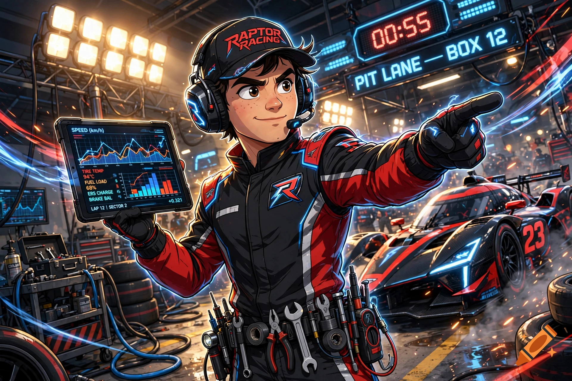 Cartoon race engineer in a pit lane holding a tablet with telemetry data, pointing forward.
