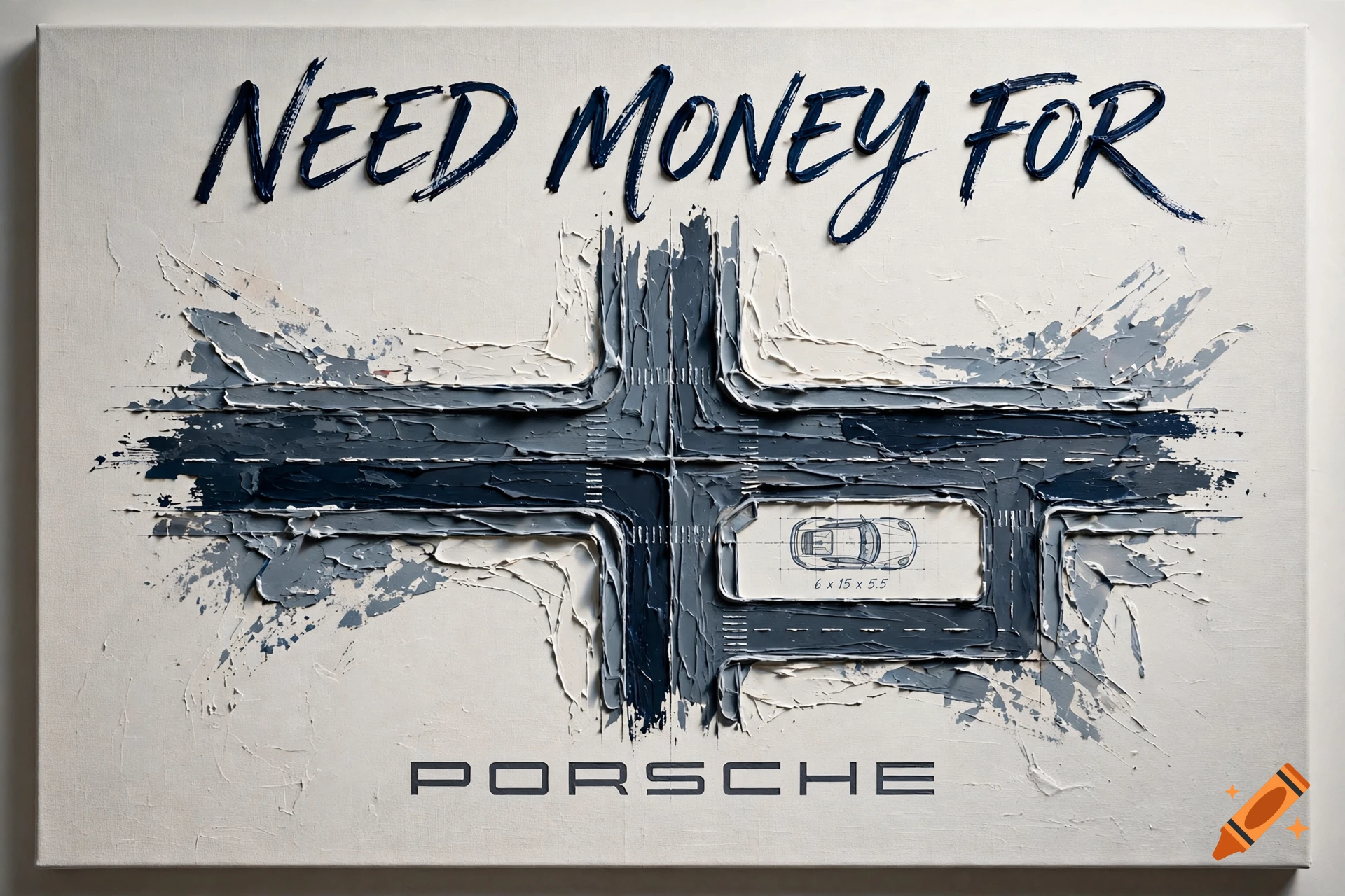 Textured canvas painting reading NEED MONEY FOR above a stylized blueprint-style intersection and PORSCHE below.