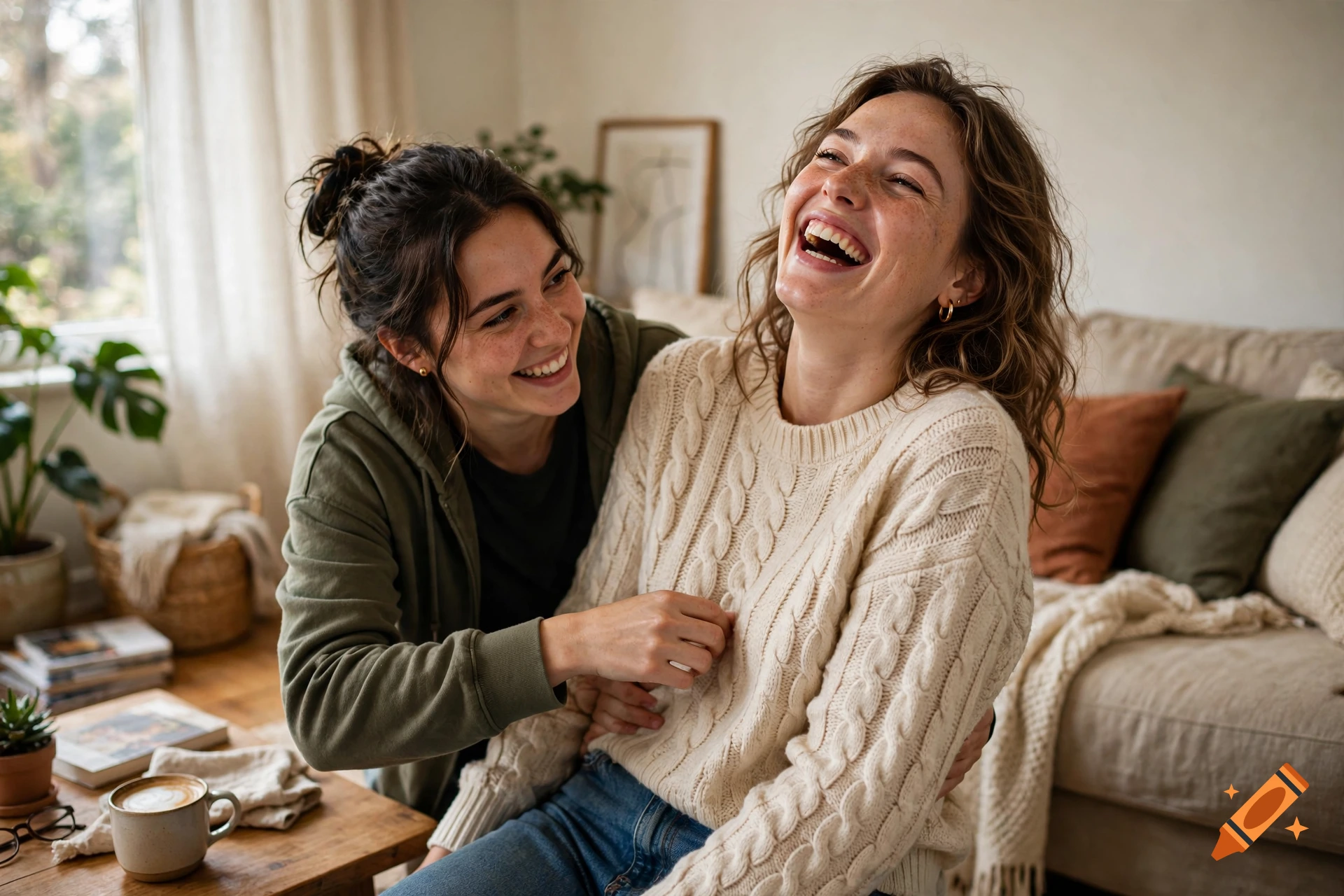 Photorealistic image of two young women laughing and tickling each other on a couch in a cozy living room.