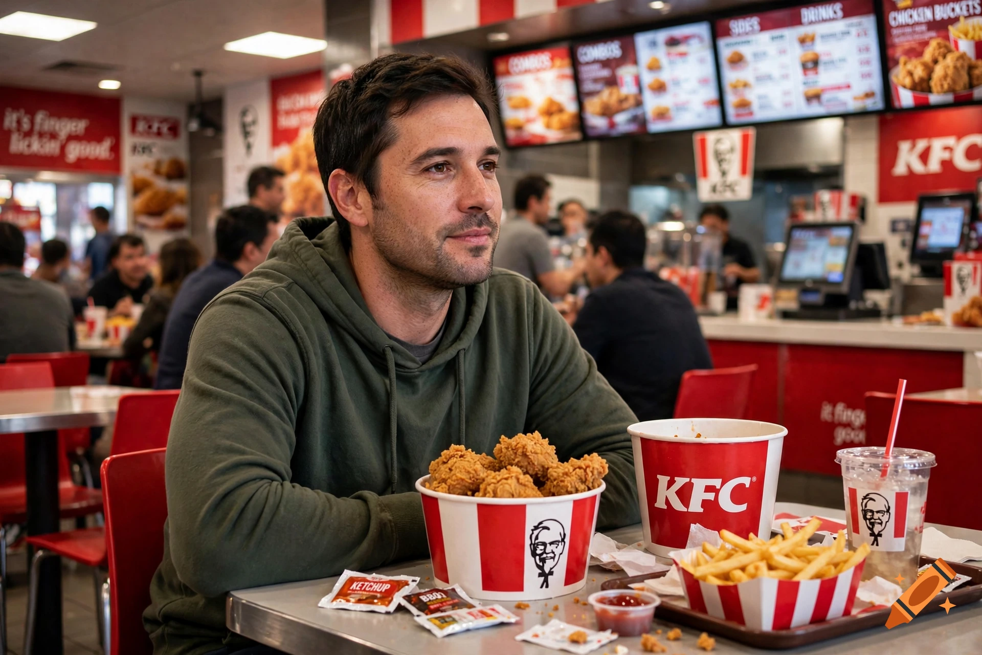 Photorealistic image of a man sitting at a table in a KFC restaurant, eating fried chicken and fries.
