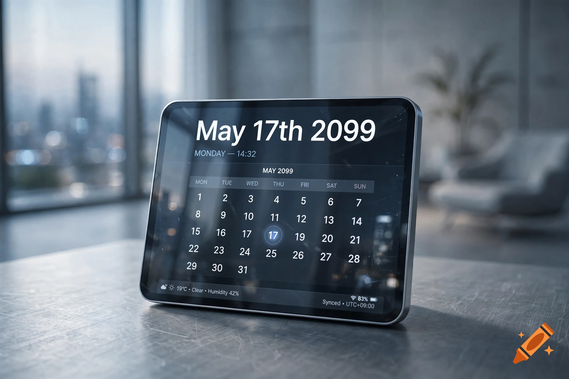 A futuristic digital calendar device on a table displaying May 17th 2099.