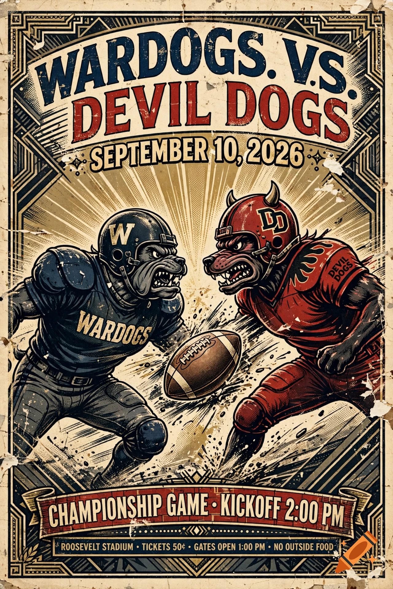 Vintage 1920s style sports poster depicting a football game between the Wardogs and Devil Dogs on September 10, 2026.
