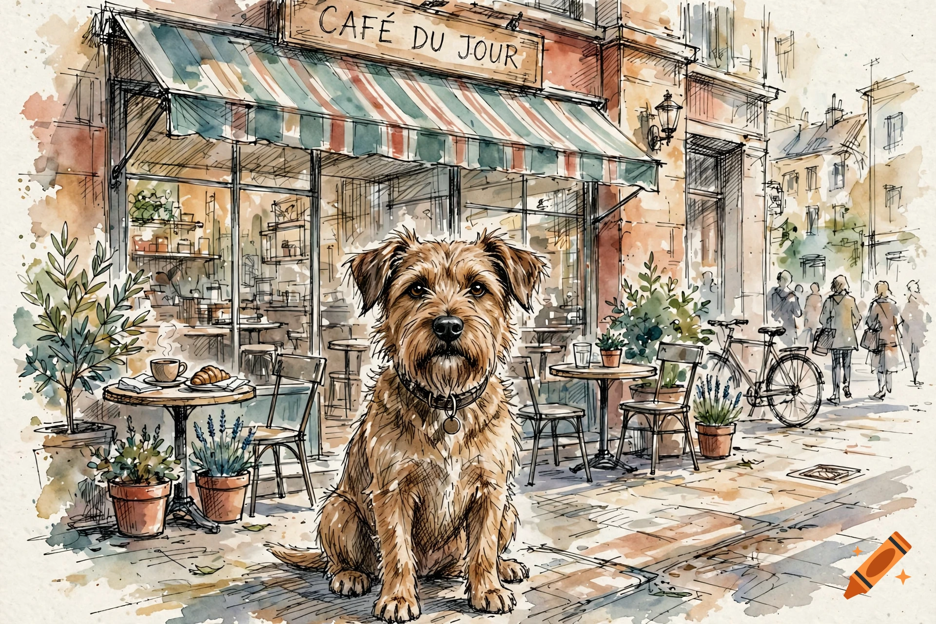 Urban watercolor sketch of a border terrier dog sitting in front of a cafe named Cafe du Jour.