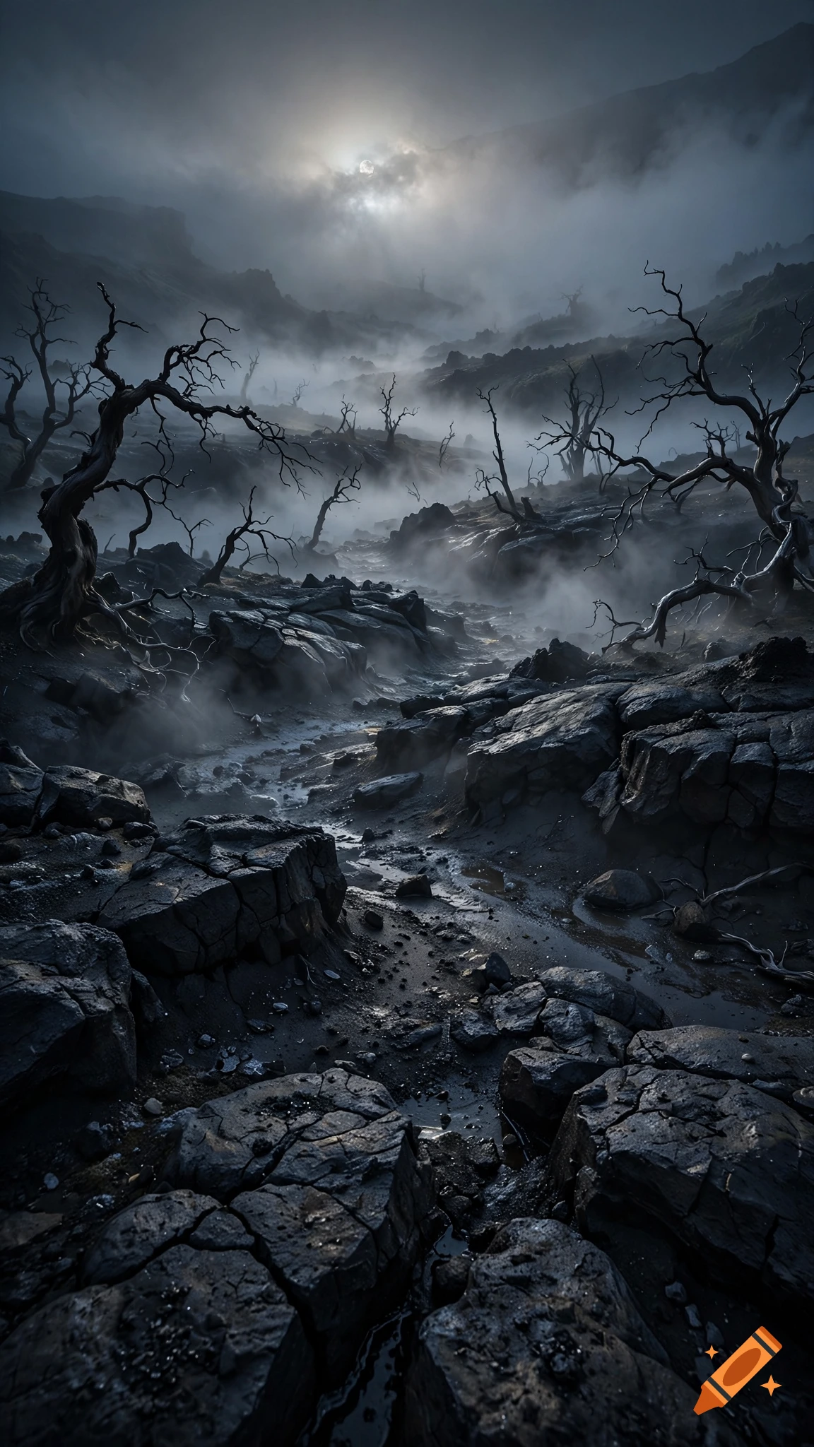 A gloomy, foggy landscape featuring dark rocky terrain, gnarled dead trees, and an obscured sun shining through heavy mist in the sky.