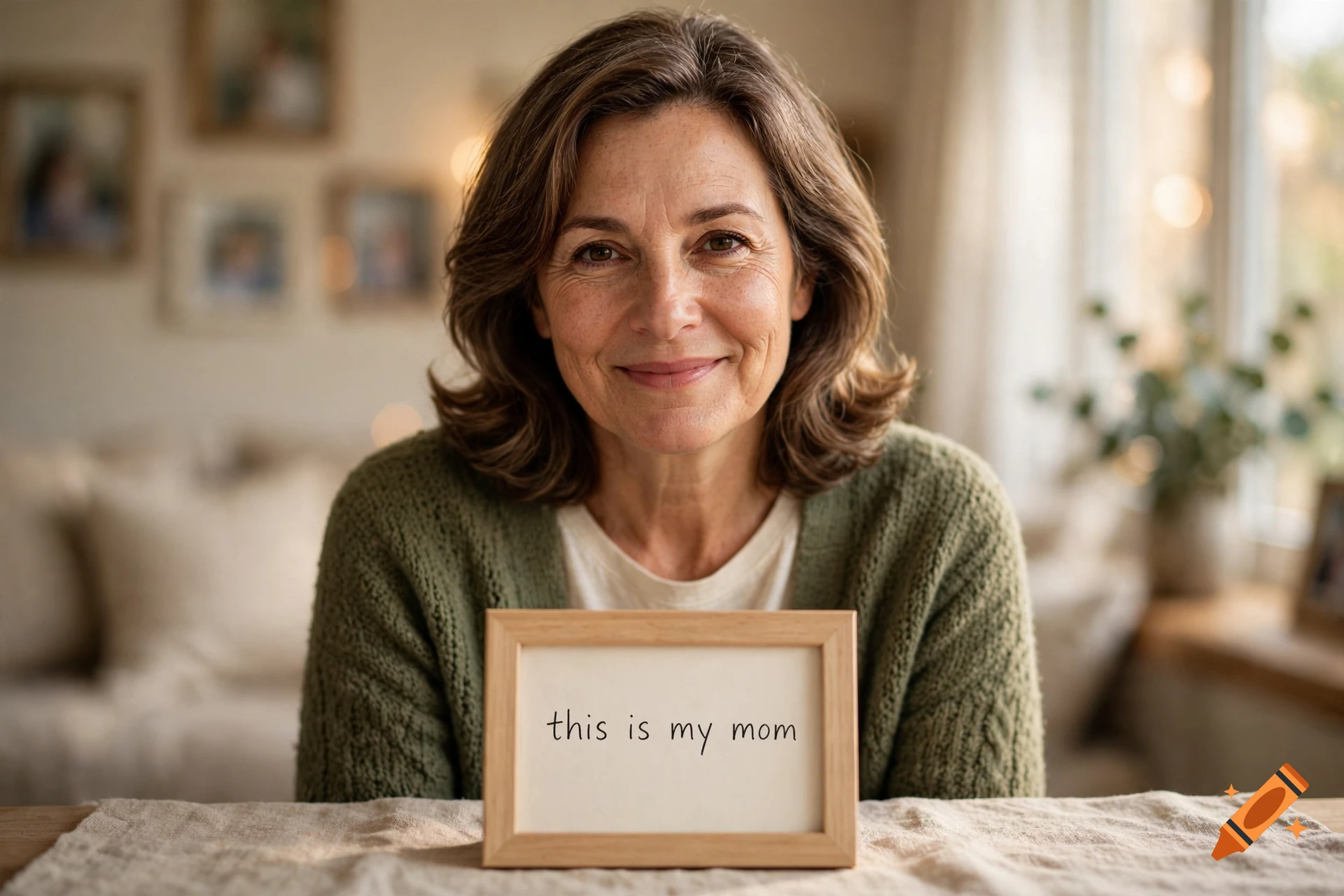 Photorealistic portrait of a smiling middle-aged woman holding a small framed picture that says this is my mom.