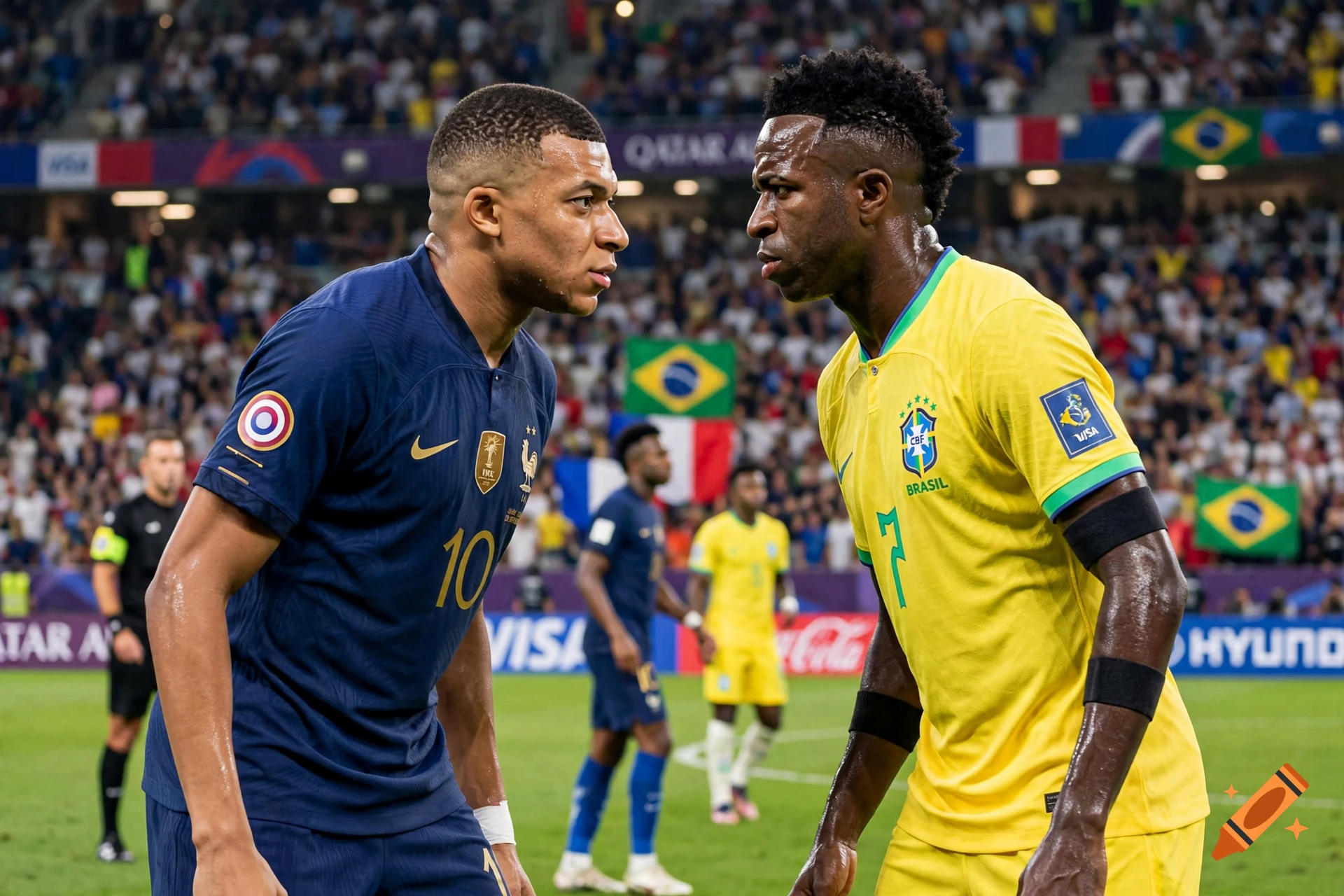 Photorealistic image of two soccer players in national team uniforms staring each other down on a pitch.