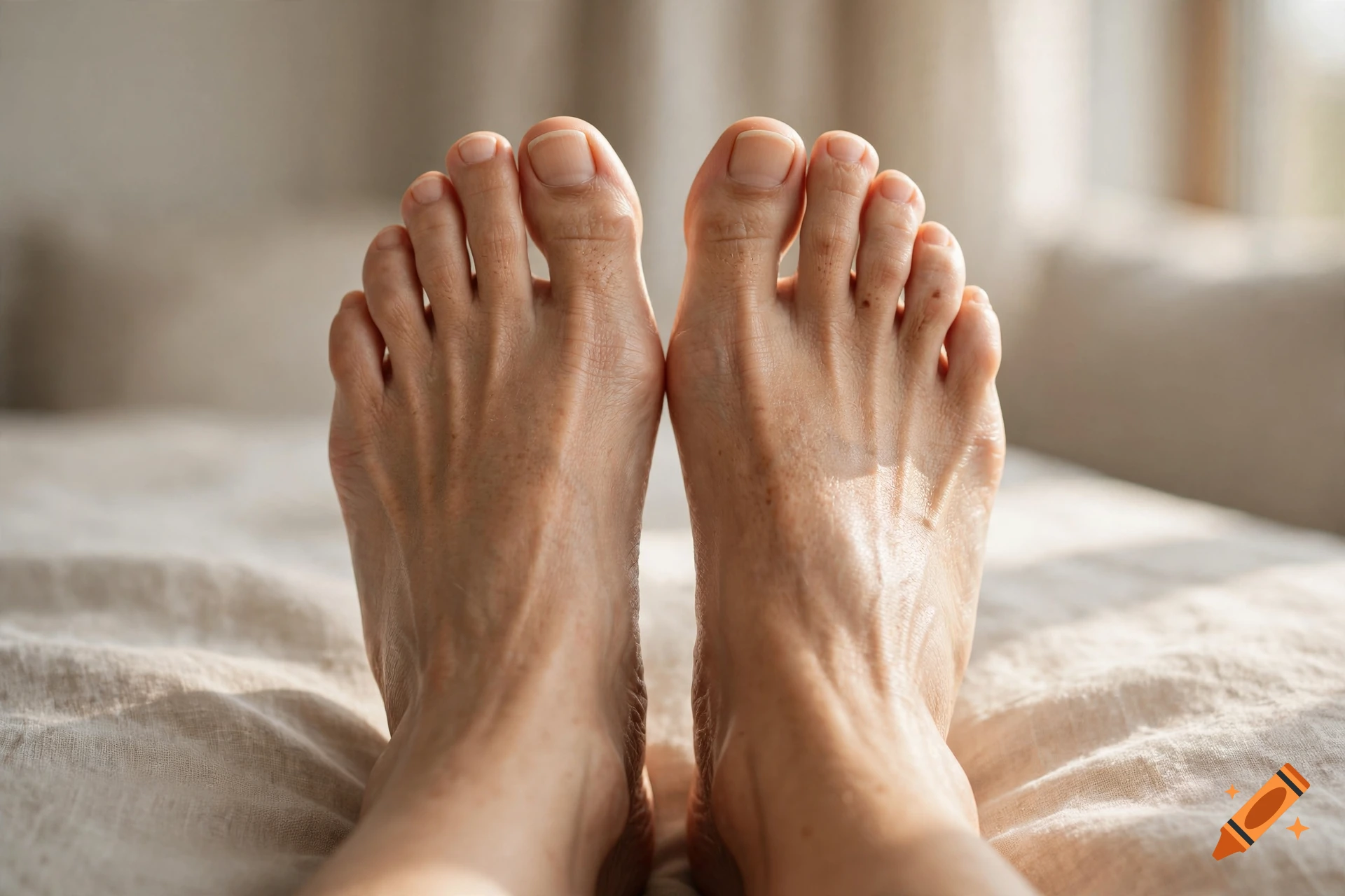 Close-up photorealistic shot of human feet resting on a bed.