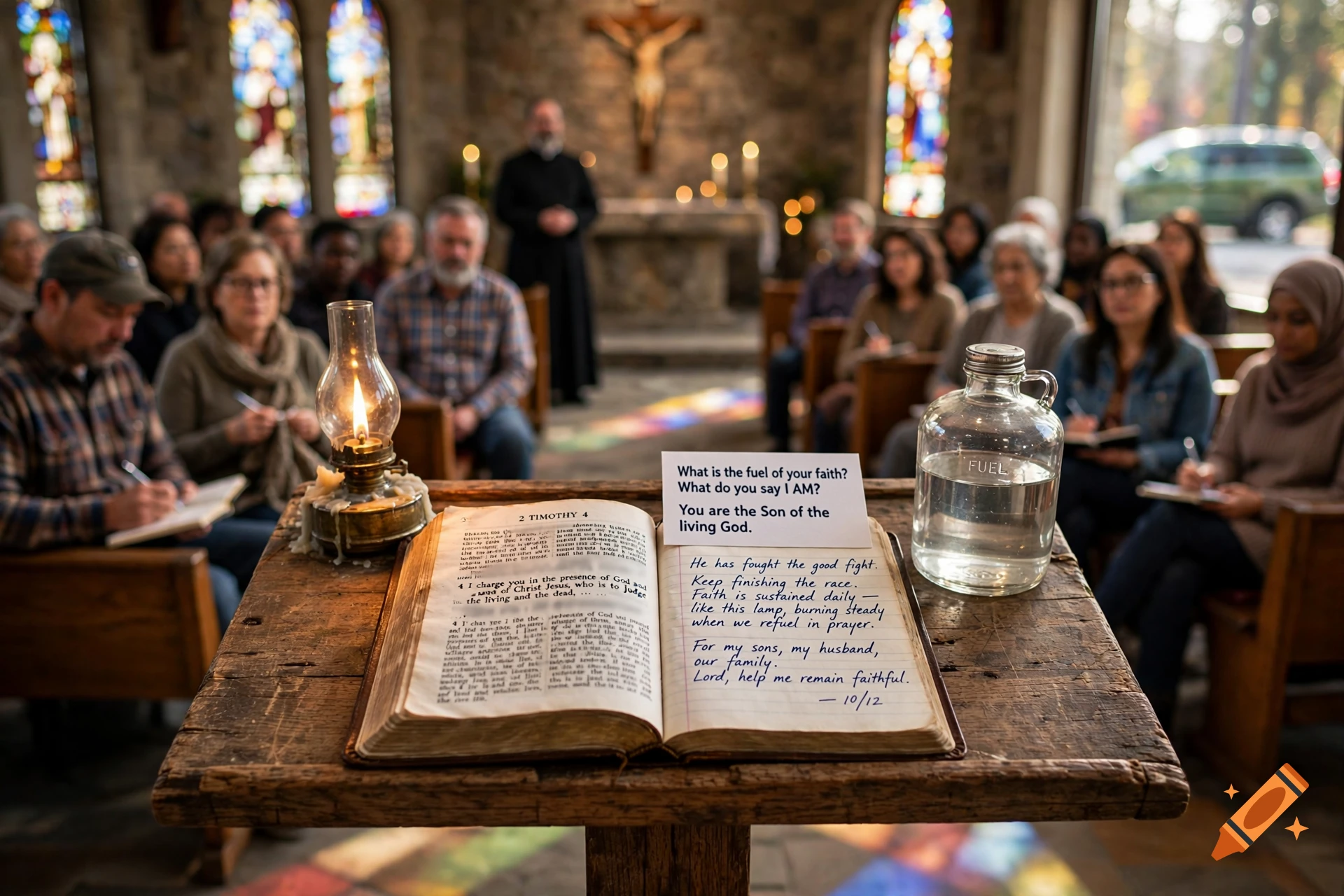 Photorealistic scene inside a church with an open Bible and handwritten notes on a wooden stand during a service.