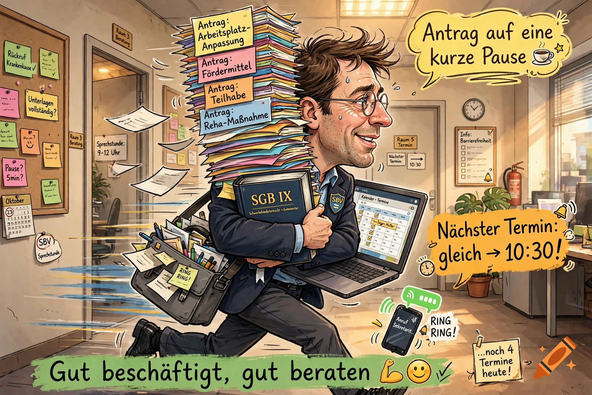 Caricature of a stressed male office worker rushing through a hallway carrying stacks of paperwork and a laptop.