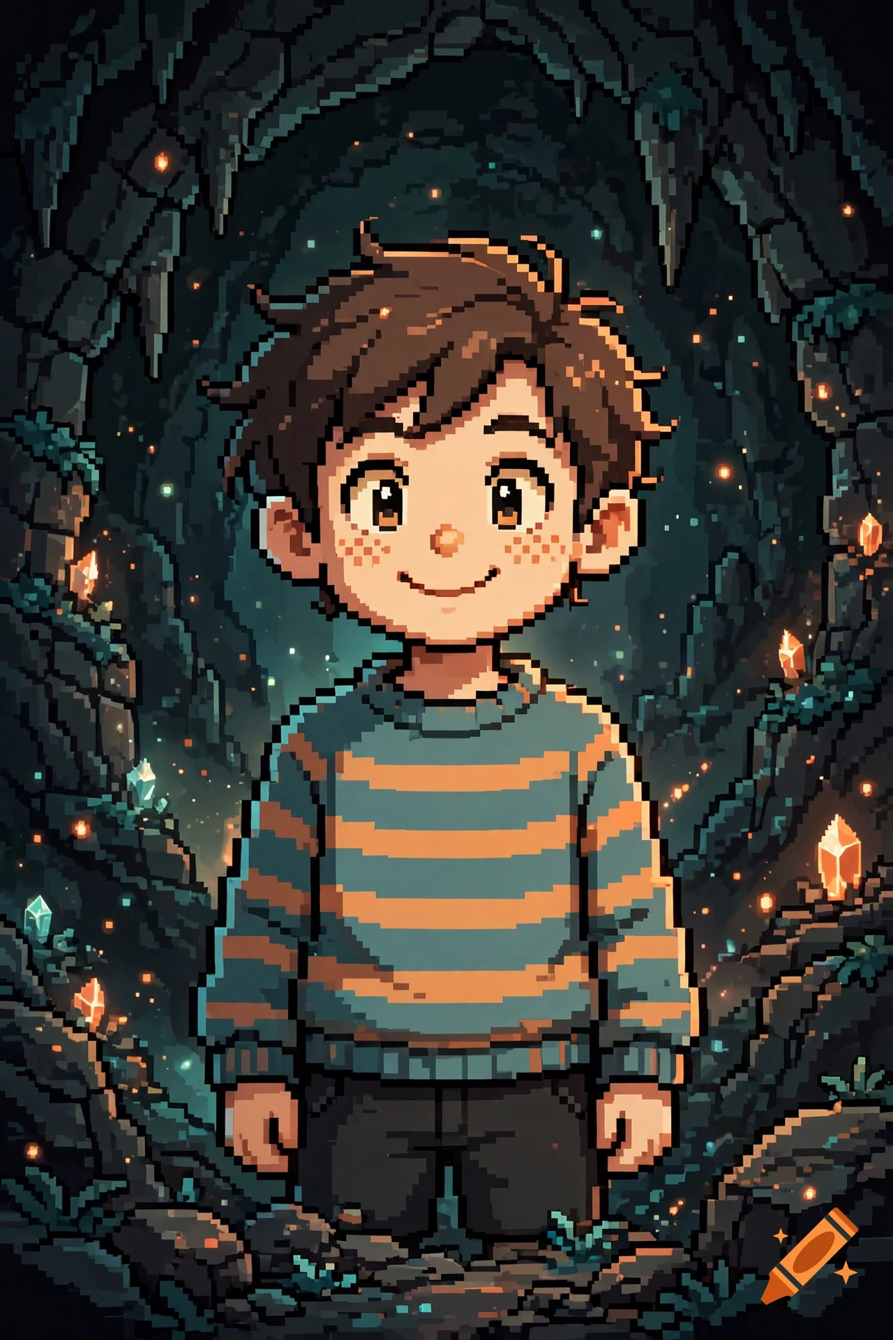 Pixel art of a smiling young boy with brown hair and freckles in a glowing crystal cave.