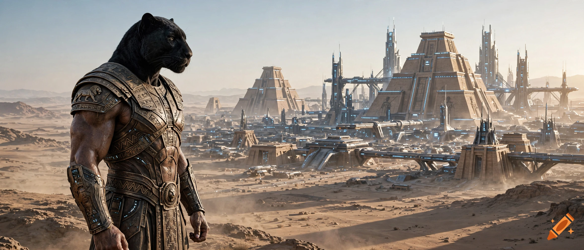 A muscular humanoid warrior with a black panther head stands in profile overlooking a futuristic ancient Mesopotamian city, realistic photo style.