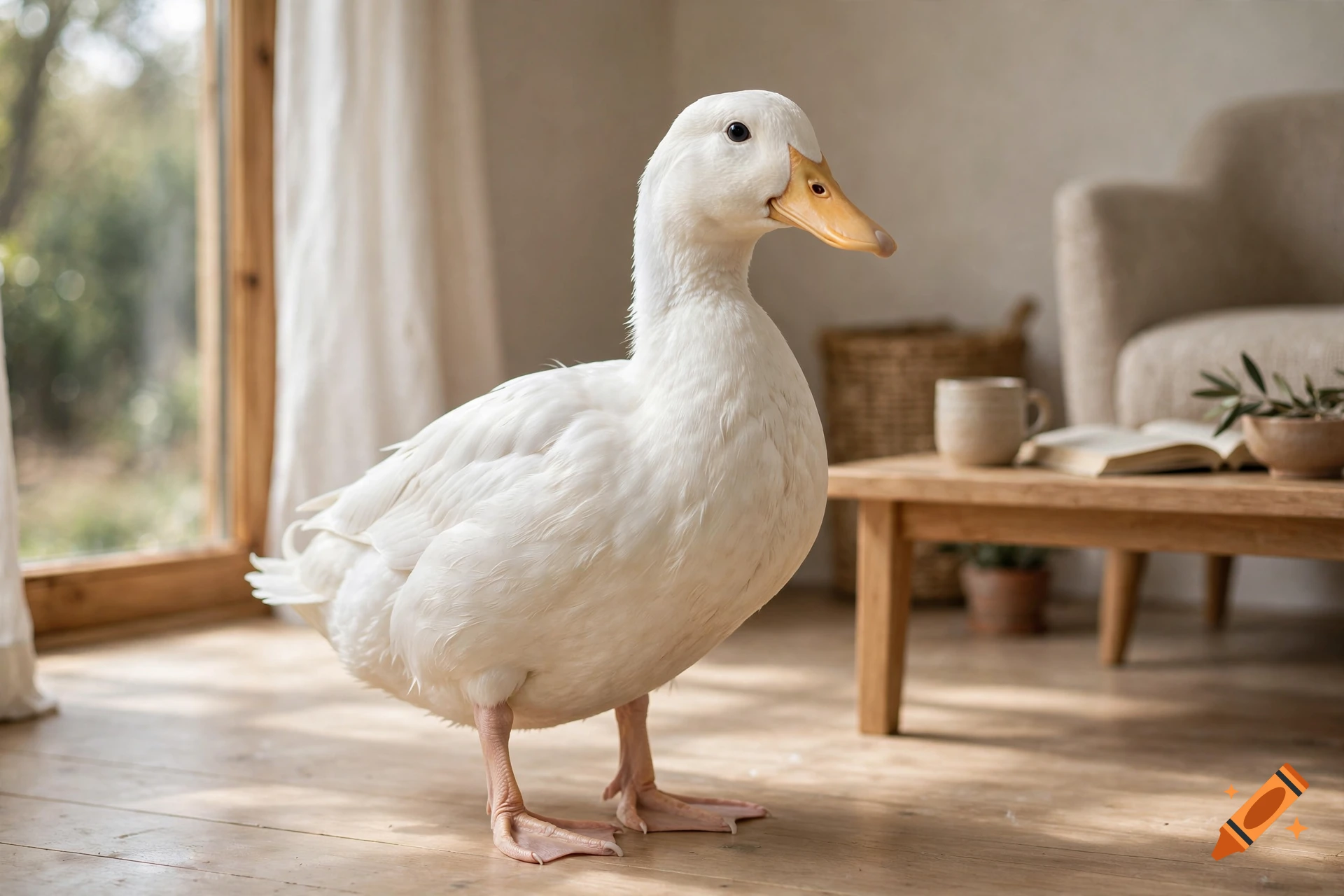 A white duck standing on a wooden floor in a warmly lit room with a wooden table and window in the background, photorealistic.