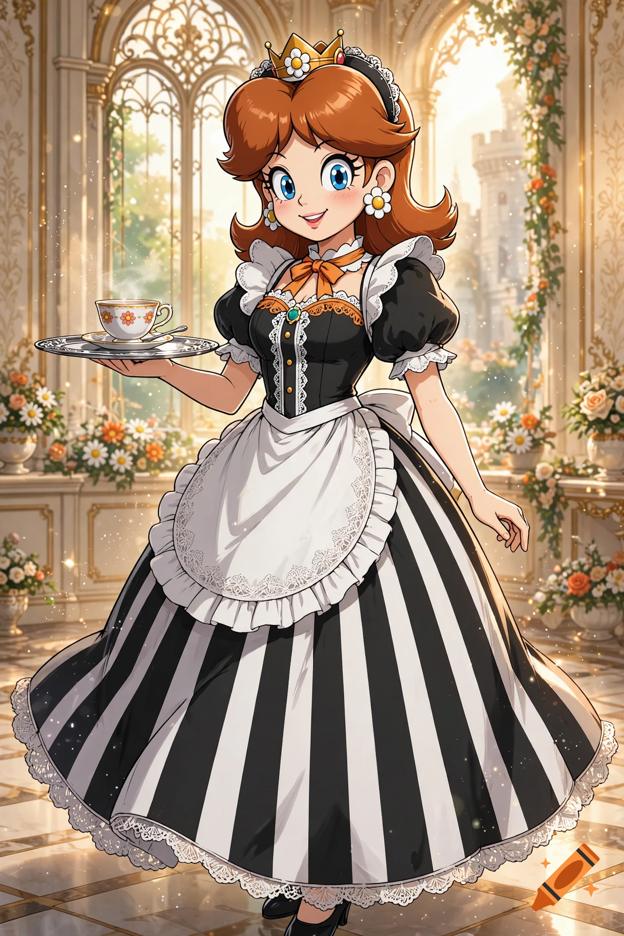 Anime style illustration of Princess Daisy wearing a black and white maid outfit, holding a teacup and saucer on a silver tray inside a grand castle.