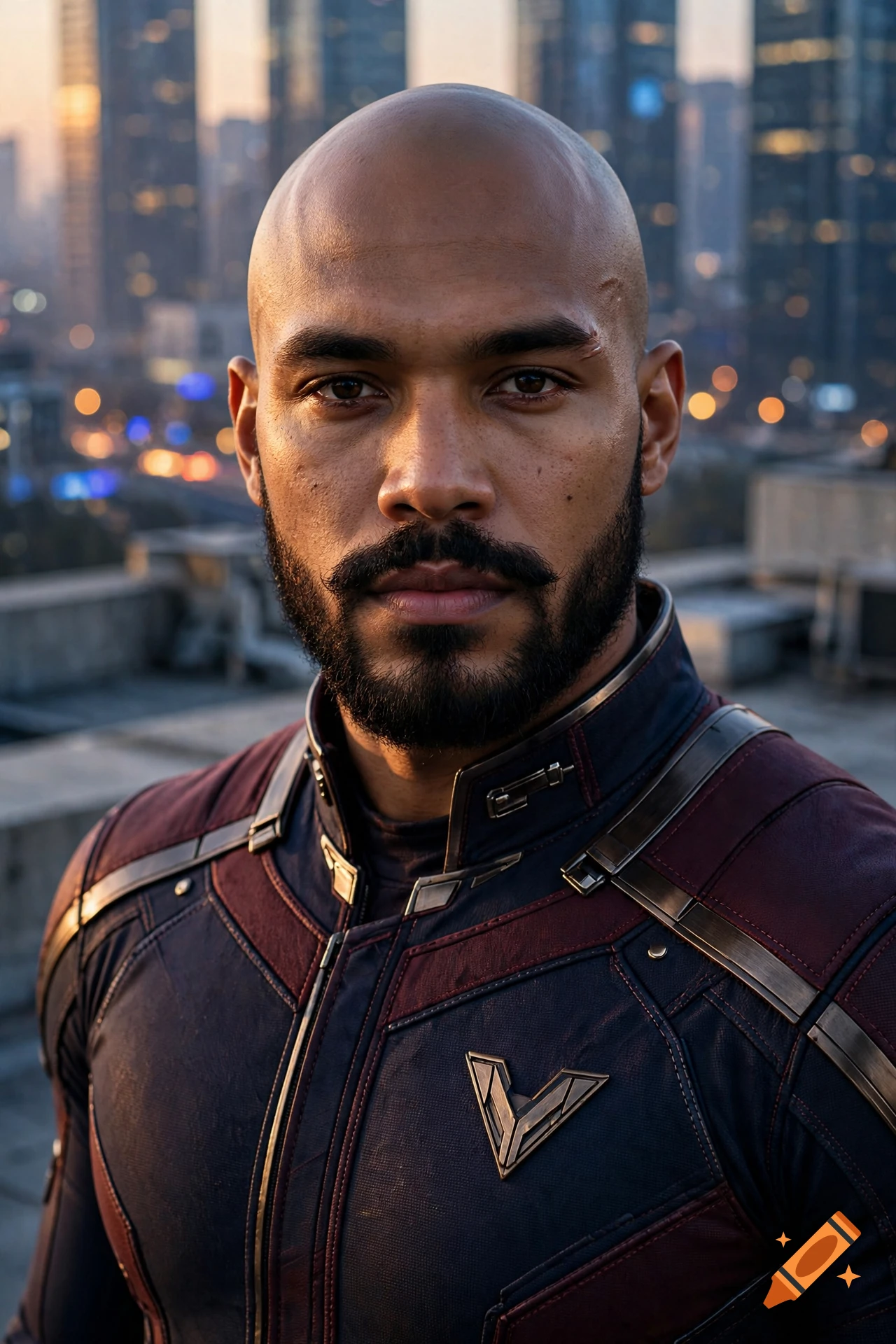 Photorealistic close-up portrait of a bald, bearded man with a futuristic superhero uniform on a rooftop at sunset.
