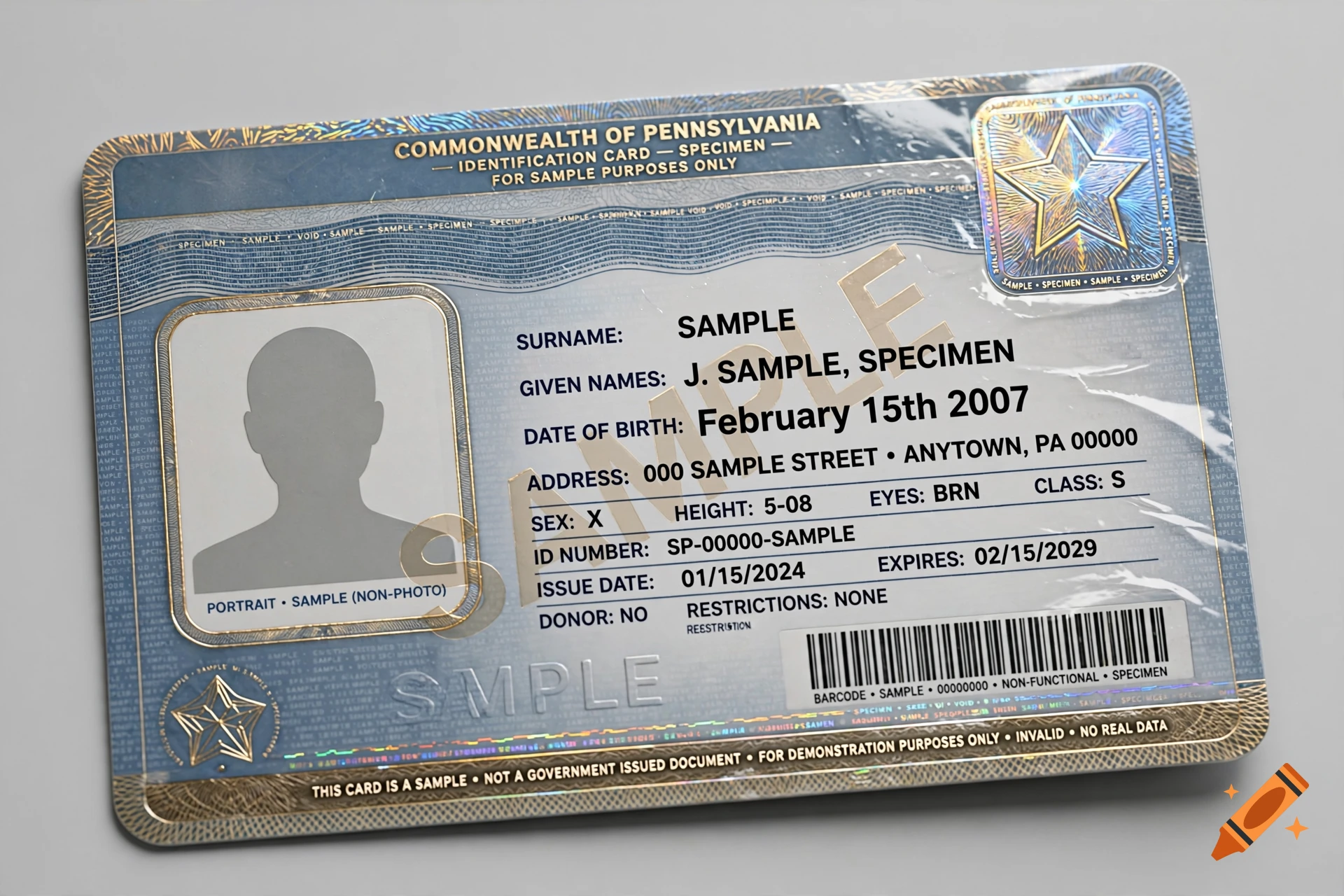 Photorealistic Commonwealth of Pennsylvania sample identification card with birth date February 15th 2007.