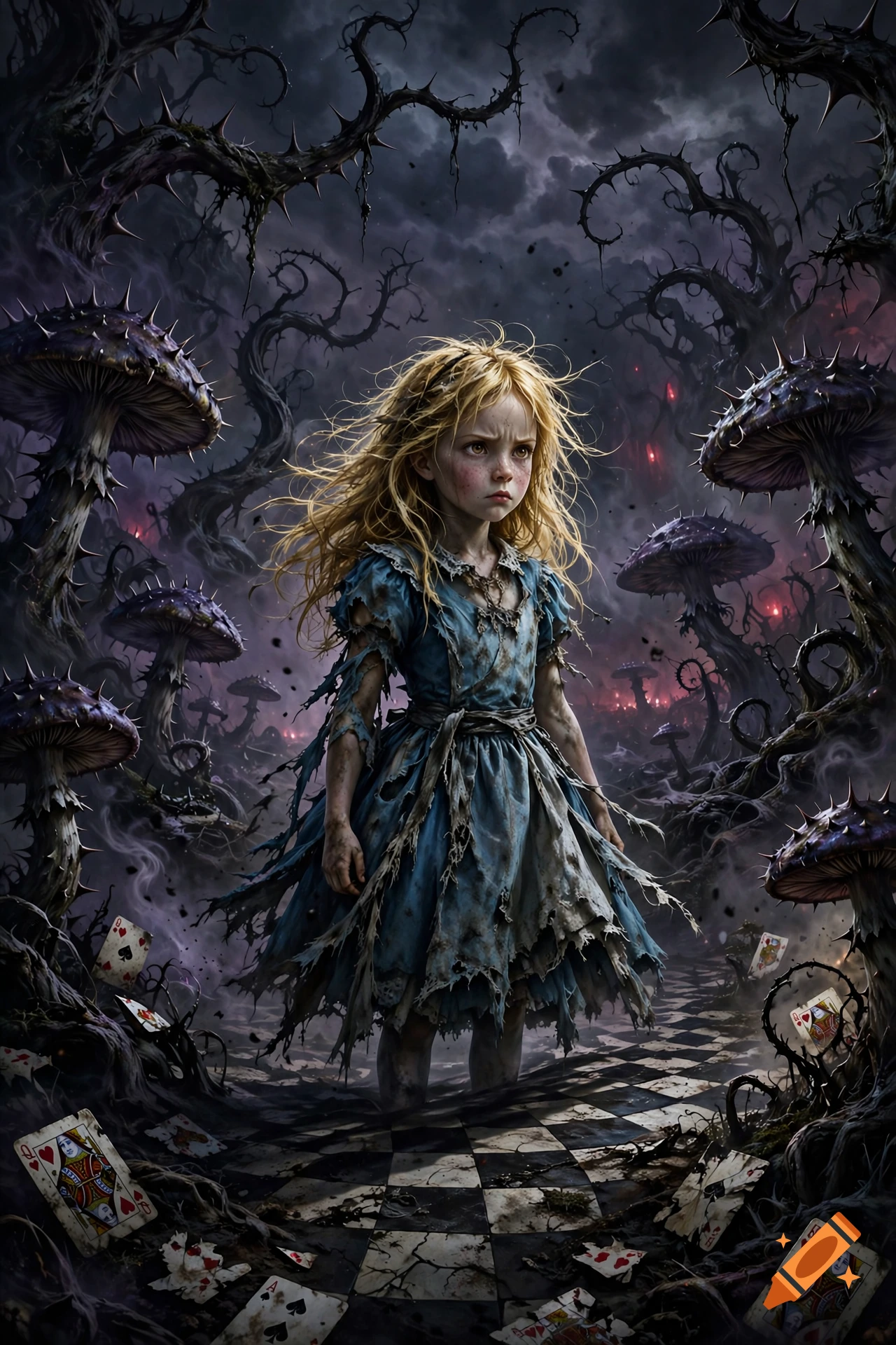 Dark fantasy illustration of a young blonde girl in a torn blue dress standing in a gloomy surreal forest with giant spiky mushrooms and playing cards scattered on a checkerboard path.