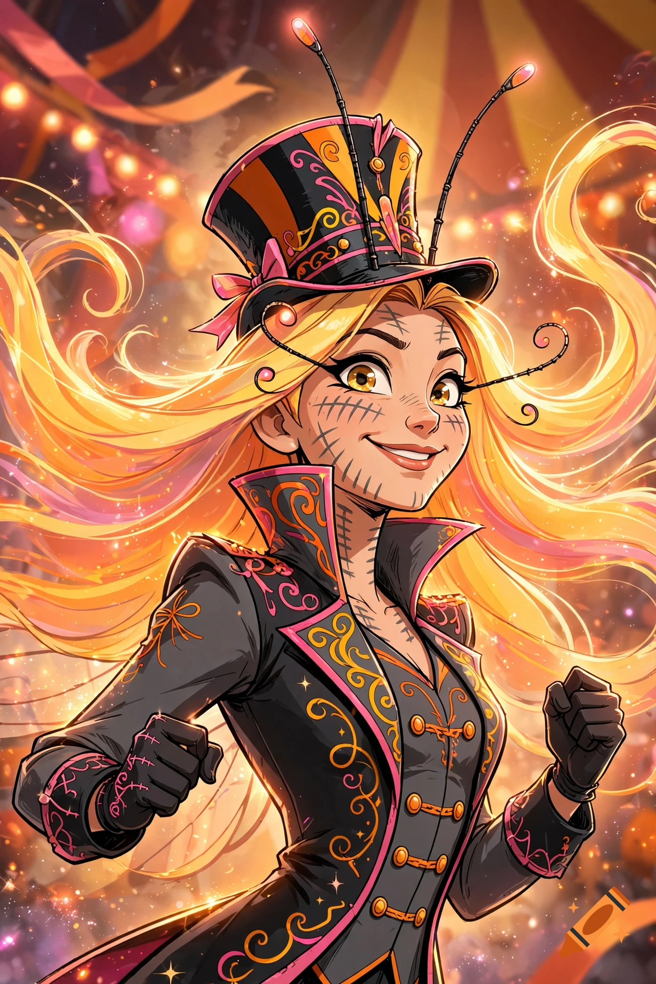 An illustrated portrait of a smiling woman with blonde hair, insect antennae, and a top hat, dressed in a circus-style costume against a glowing tent backdrop.