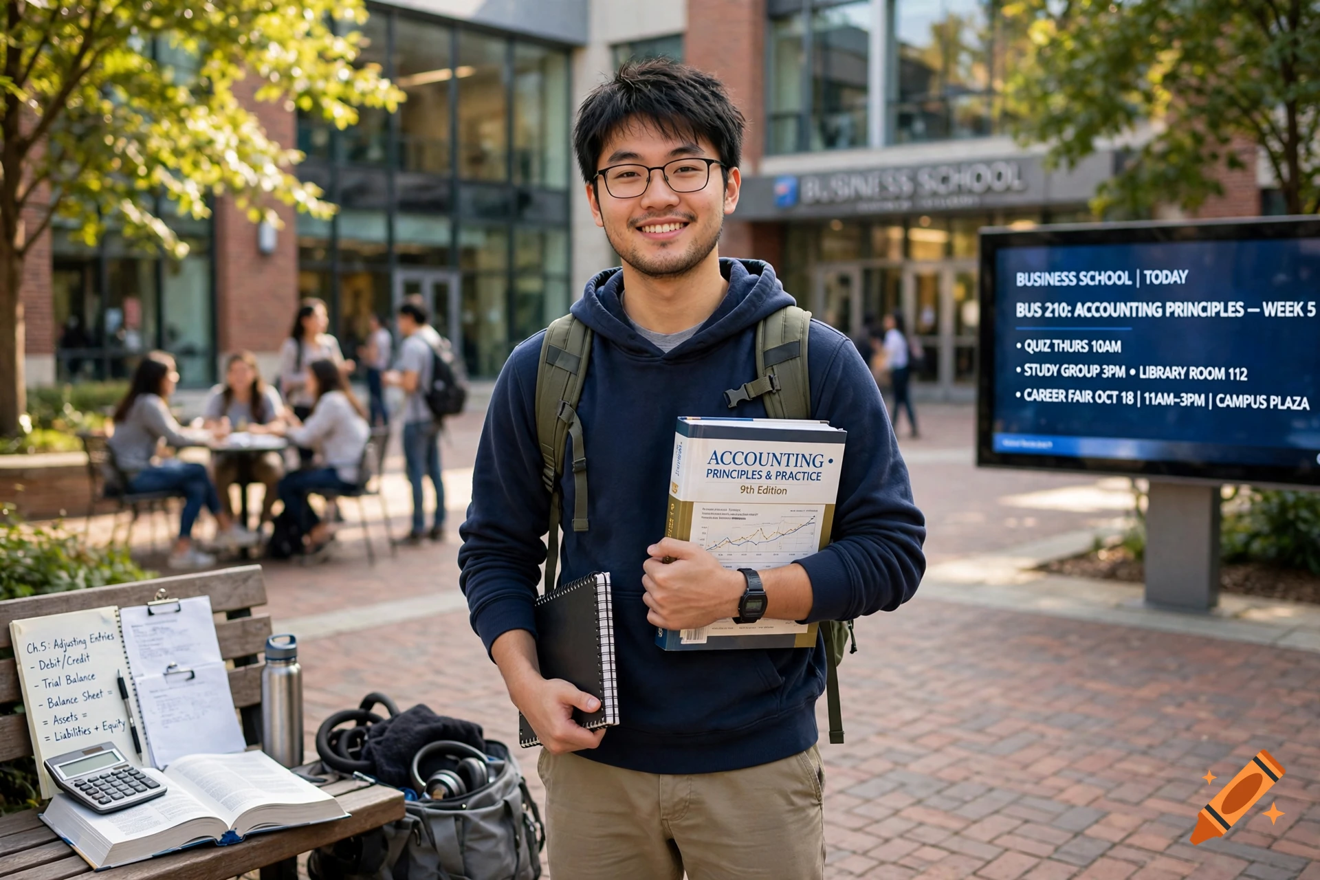 Photorealistic image of a young male student standing on a university campus holding an accounting textbook and notebook.