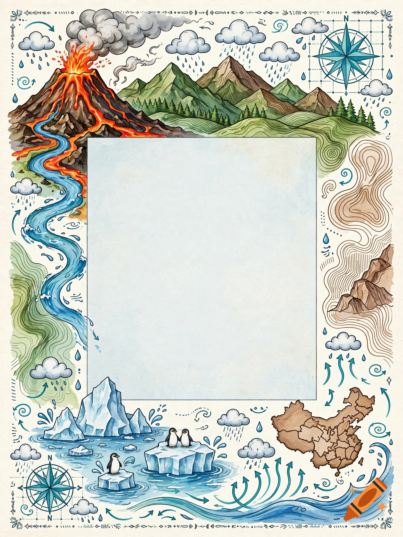 Watercolor illustration of a geography-themed border featuring a volcano, mountains, water cycle, glaciers, penguins, and a map of China.