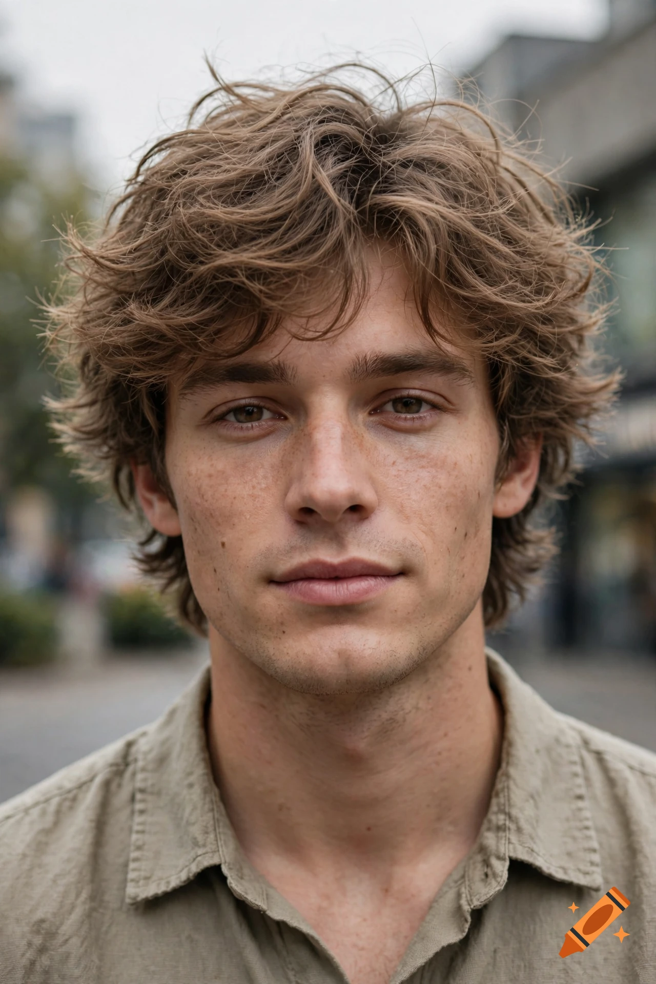 Close-up portrait of a young man with messy, fluffy brown hair, freckles, and a light shirt, photorealistic.