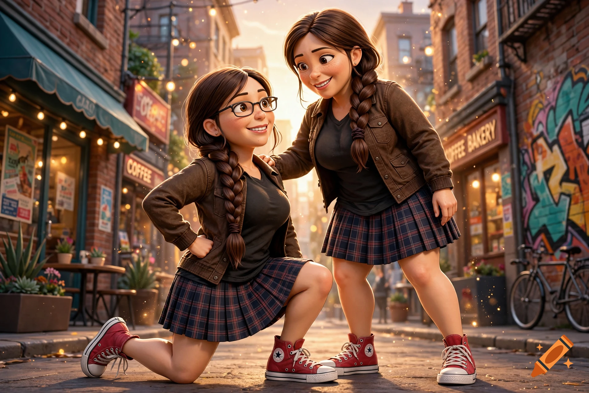 3D animated style image of two brunette women with braids, glasses, black t-shirts, brown jackets, and plaid skirts posing on a city street.
