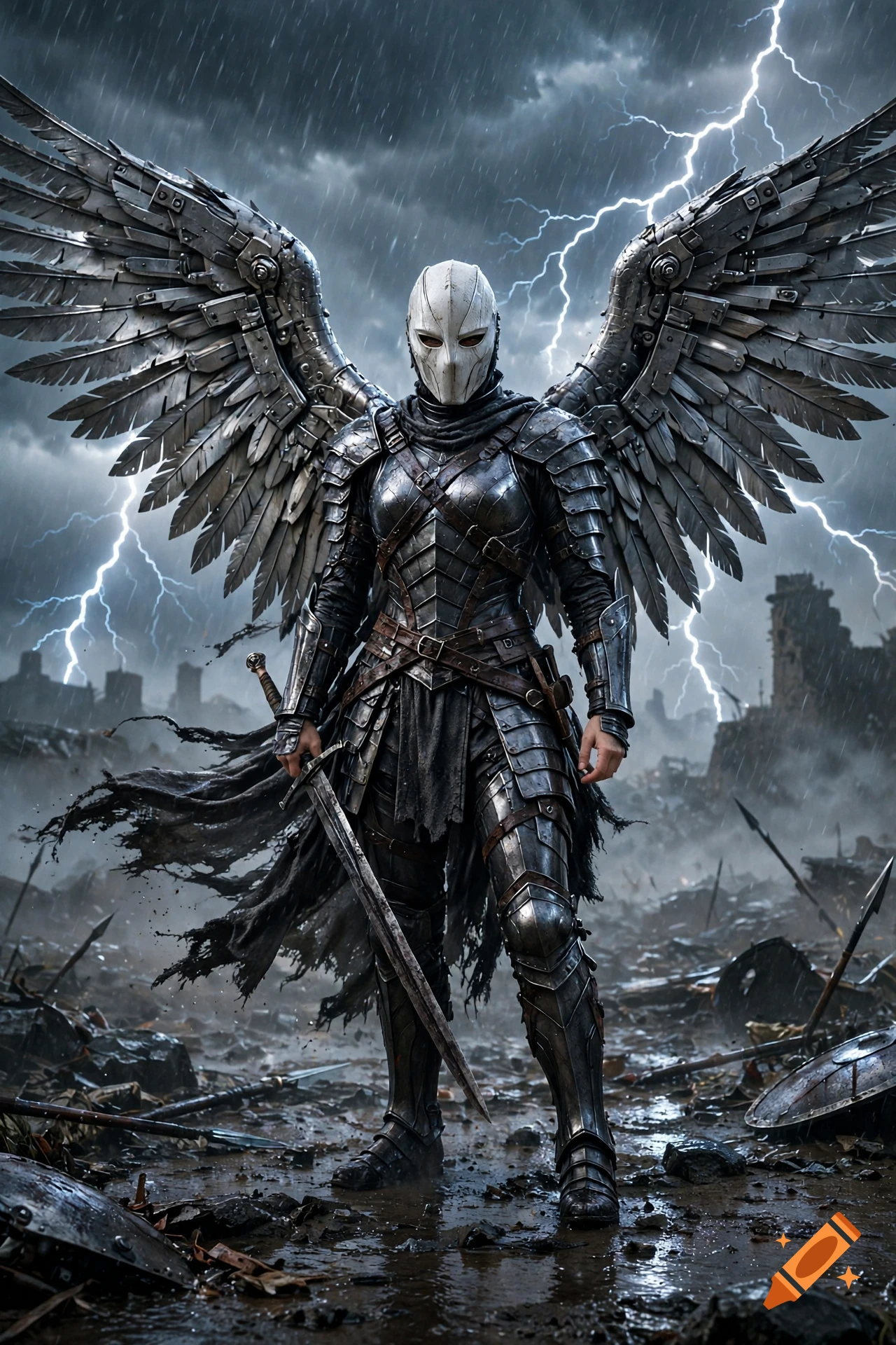 A warrior in dark metal armor and a white mask with large mechanical wings stands on a muddy battlefield amidst lightning and rain.