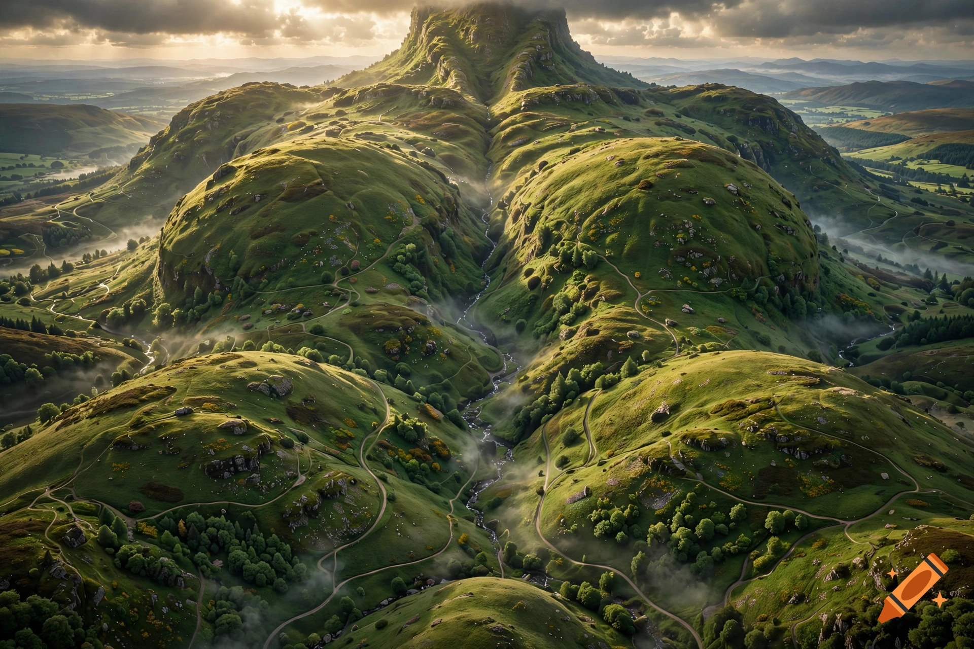 Aerial view of a surreal lush green landscape shaped like a human body with rolling hills and winding roads, photorealistic style.