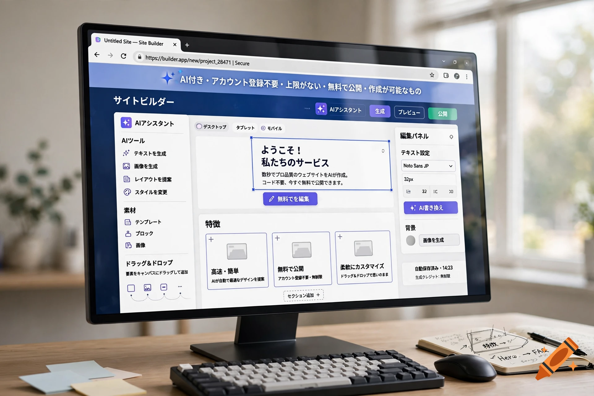 A computer monitor displaying a website builder interface on a wooden desk.