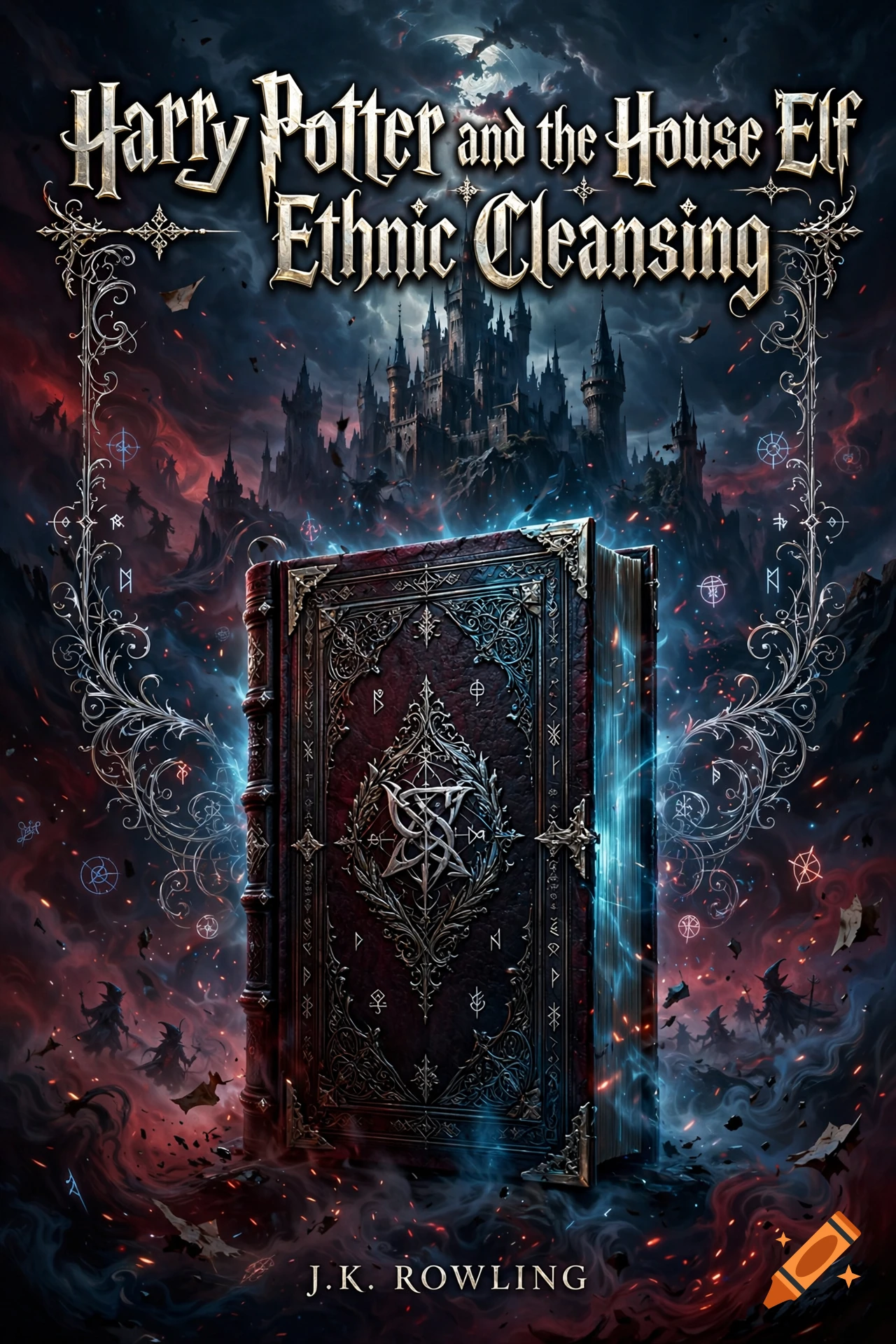 An ornate fantasy book cover featuring glowing magical runes, a dark castle backdrop, and dramatic lighting.