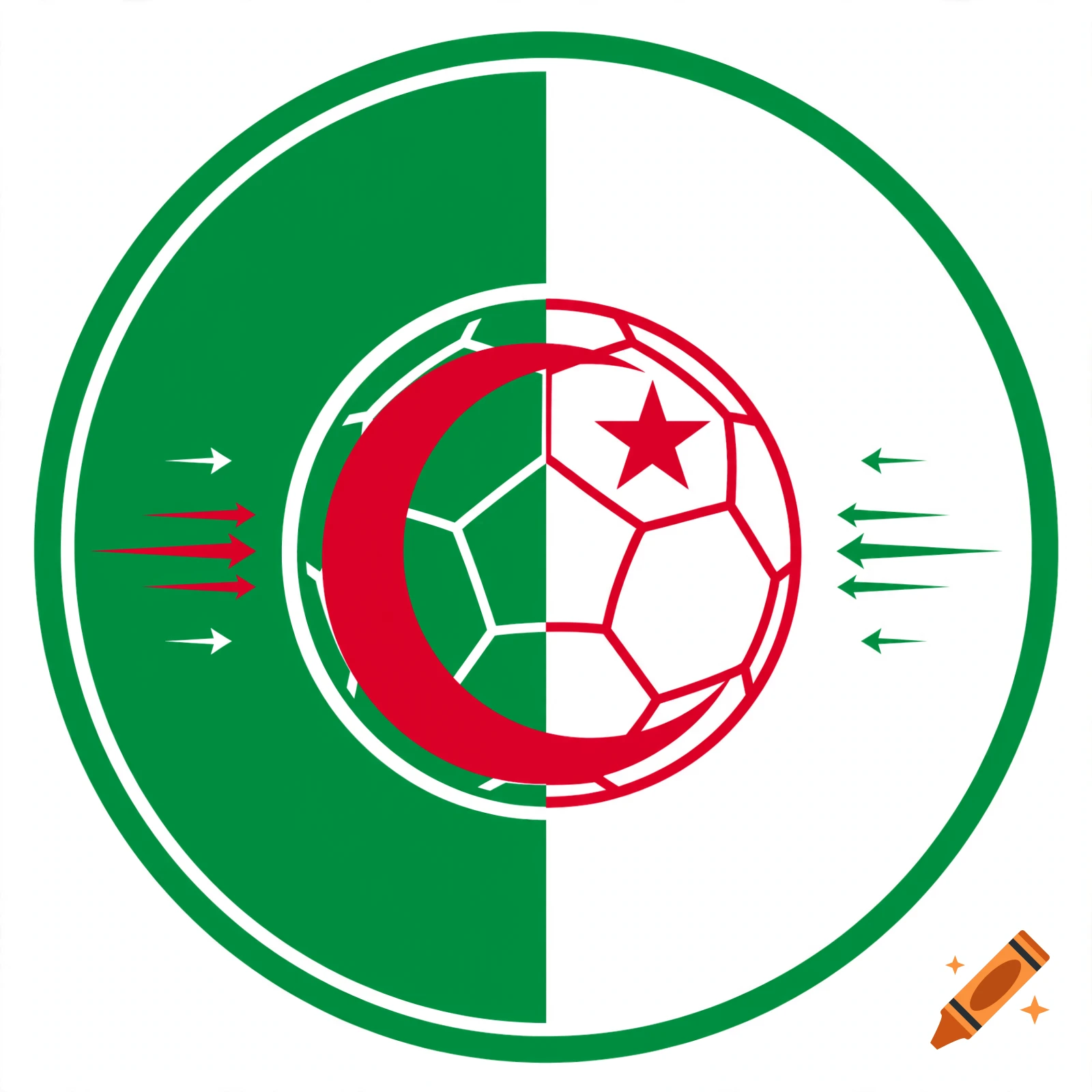 Circular logo featuring the Algerian flag split vertically in green and white, overlaid with a soccer ball, crescent moon, and red star.