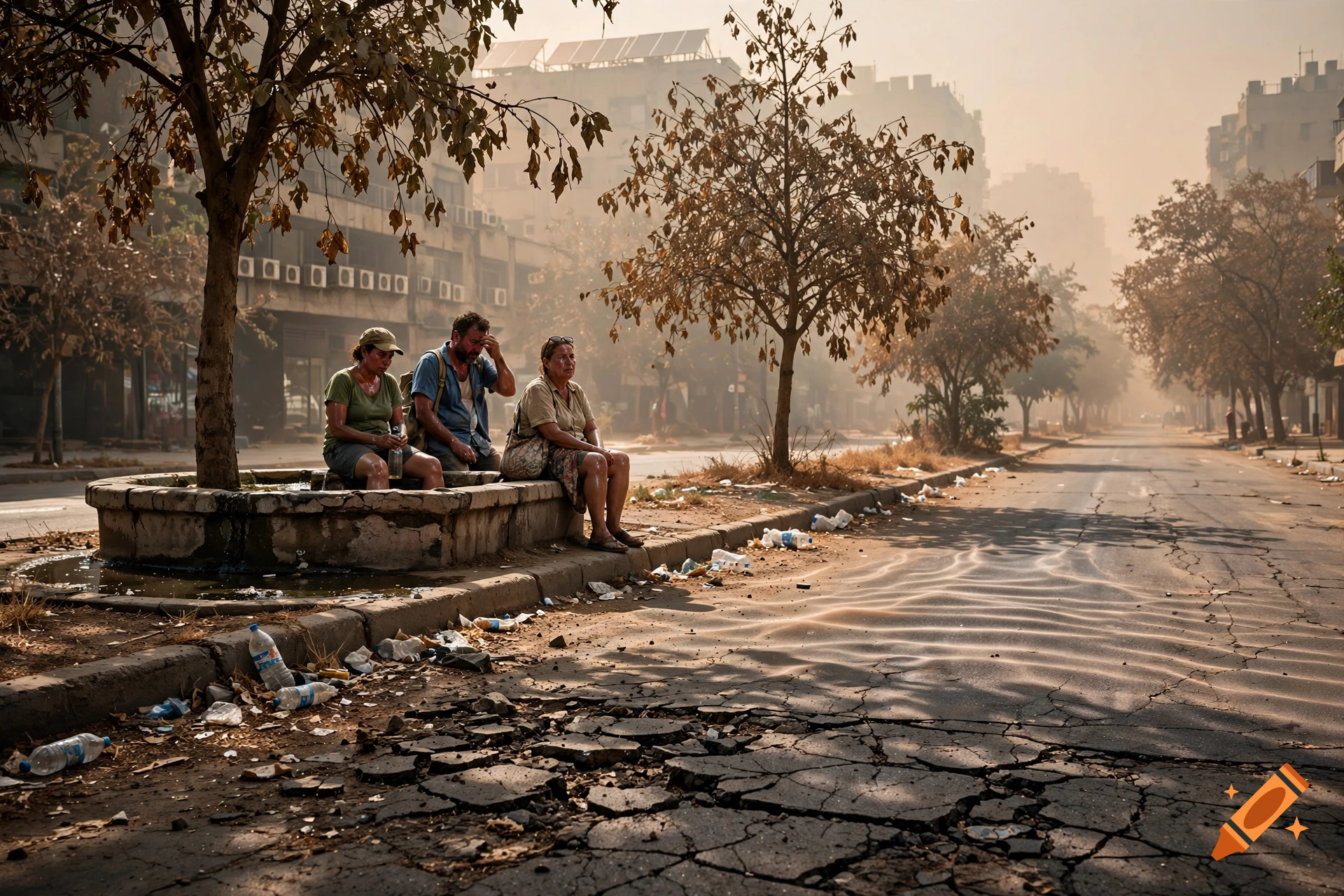 Photorealistic scene of three people resting near a dry fountain on a cracked street amid smog and dead trees, depicting extreme heat.