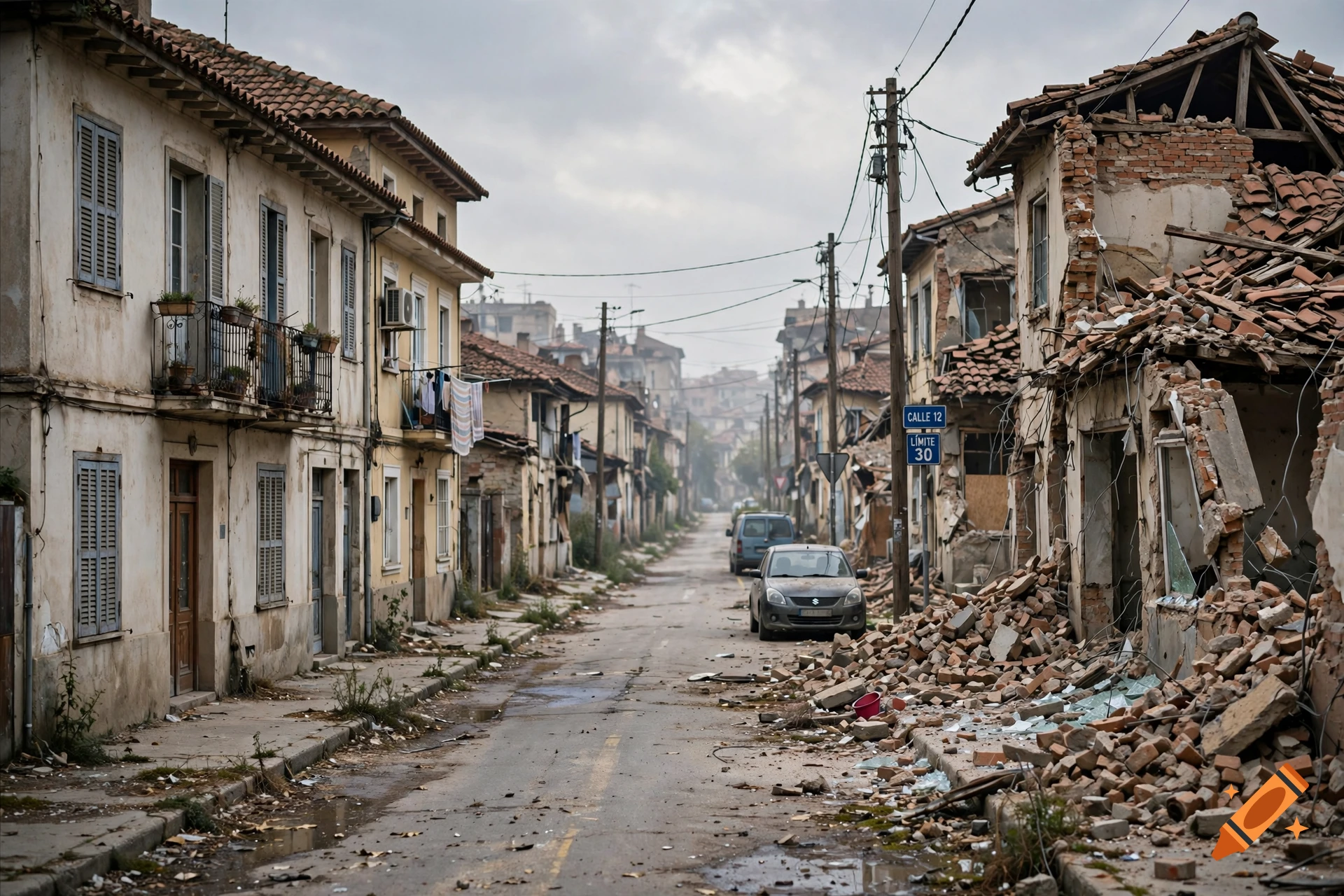 A photorealistic street scene with damaged buildings and rubble on the road.