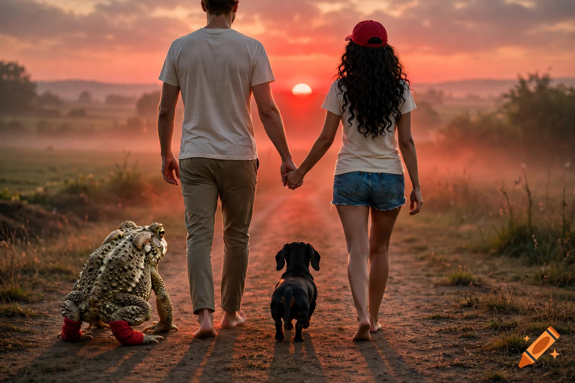 A man and woman hold hands while walking down a dirt path towards a red sunset, accompanied by a small dachshund and a large frog wearing red socks, photorealistic view from behind.