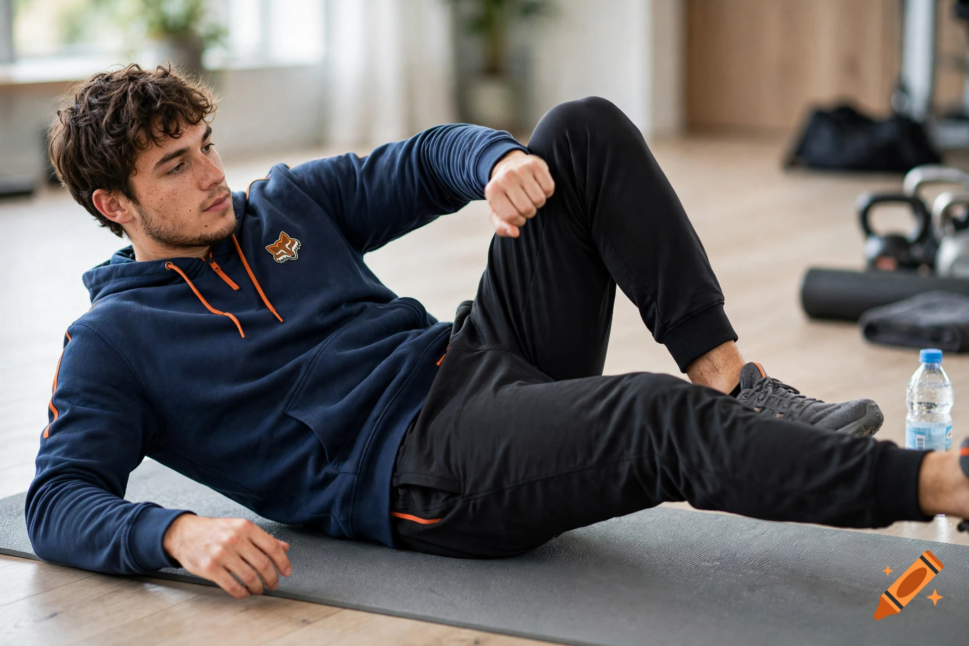 Young man in a navy blue hoodie and black sweatpants lying on a mat performing a bicycle exercise in a bright gym.