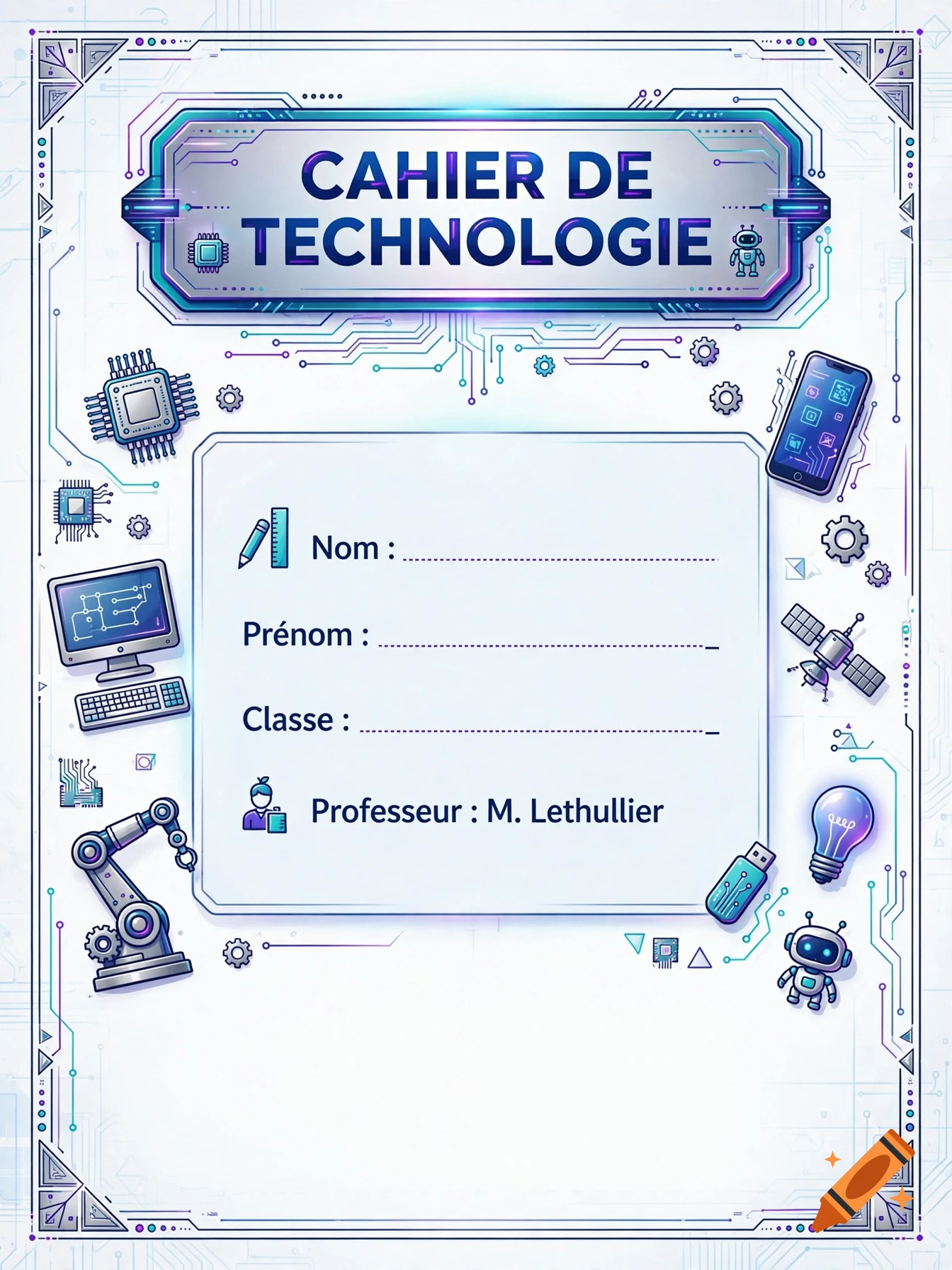 Tech notebook cover with futuristic interface elements, placeholders for name and class, and professor name M. Lethullier.