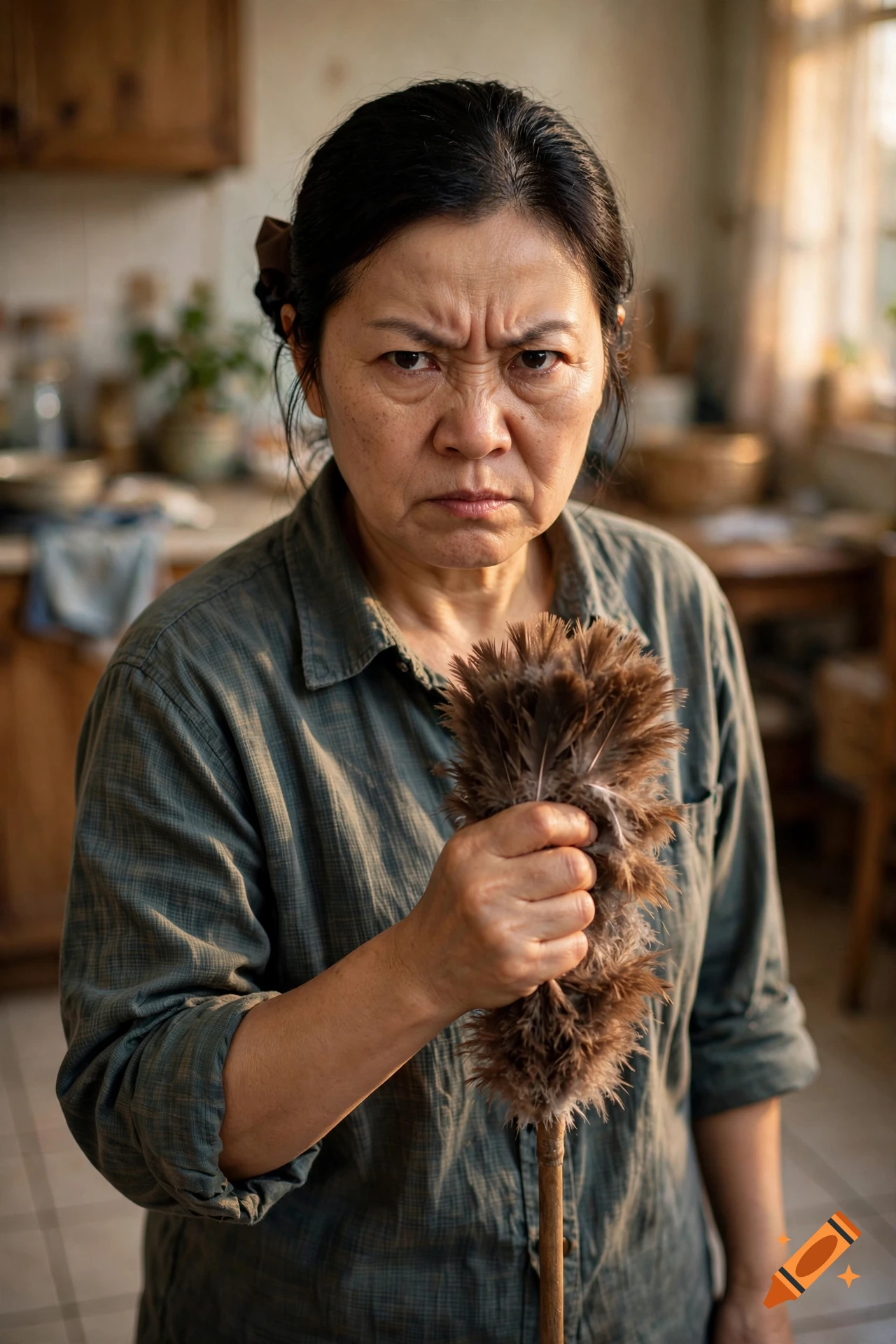 An angry middle-aged Chinese woman holding a brown feather duster in a rustic kitchen.