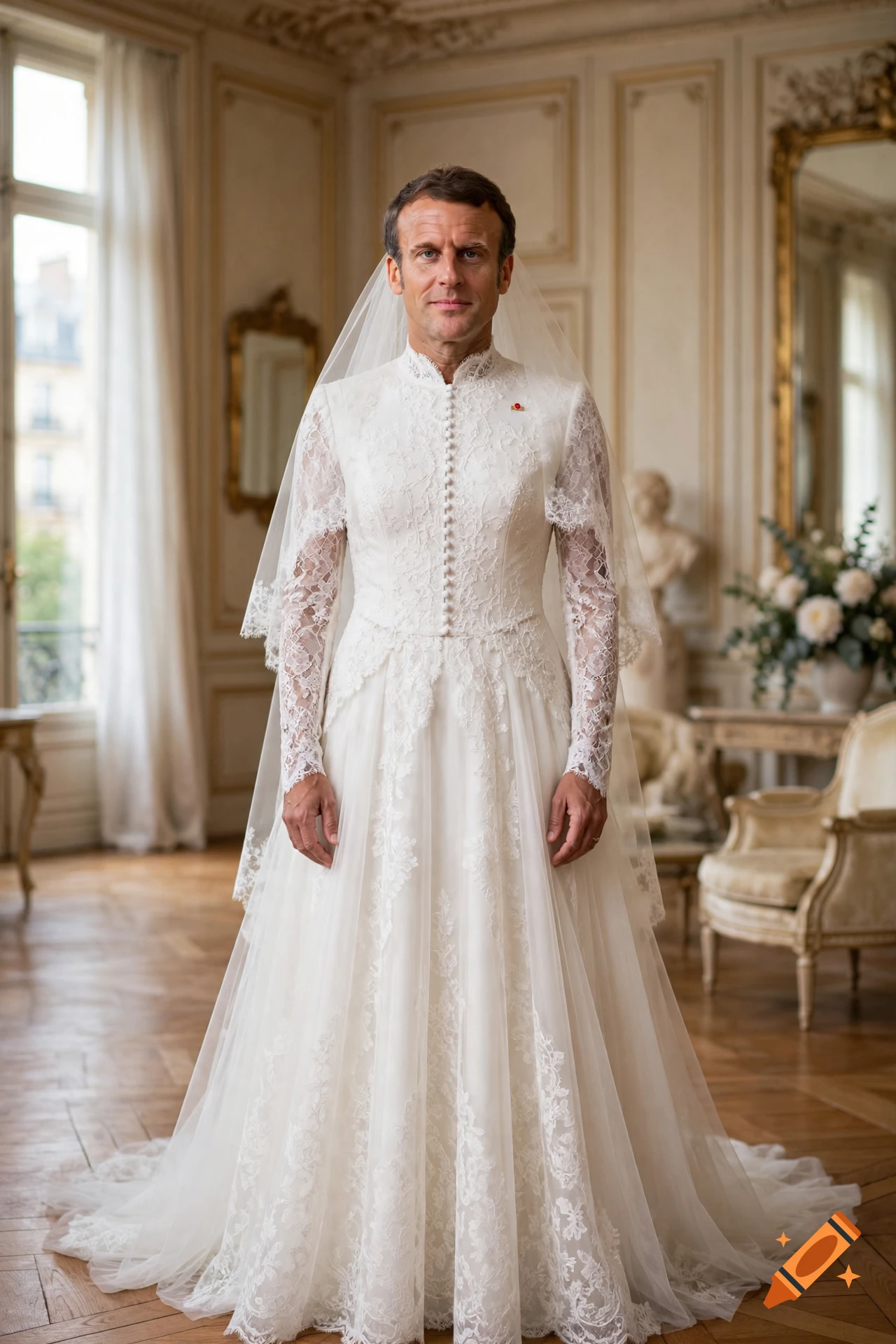 Photorealistic portrait of French President Emmanuel Macron wearing a white lace bridal gown and veil in an ornate room.