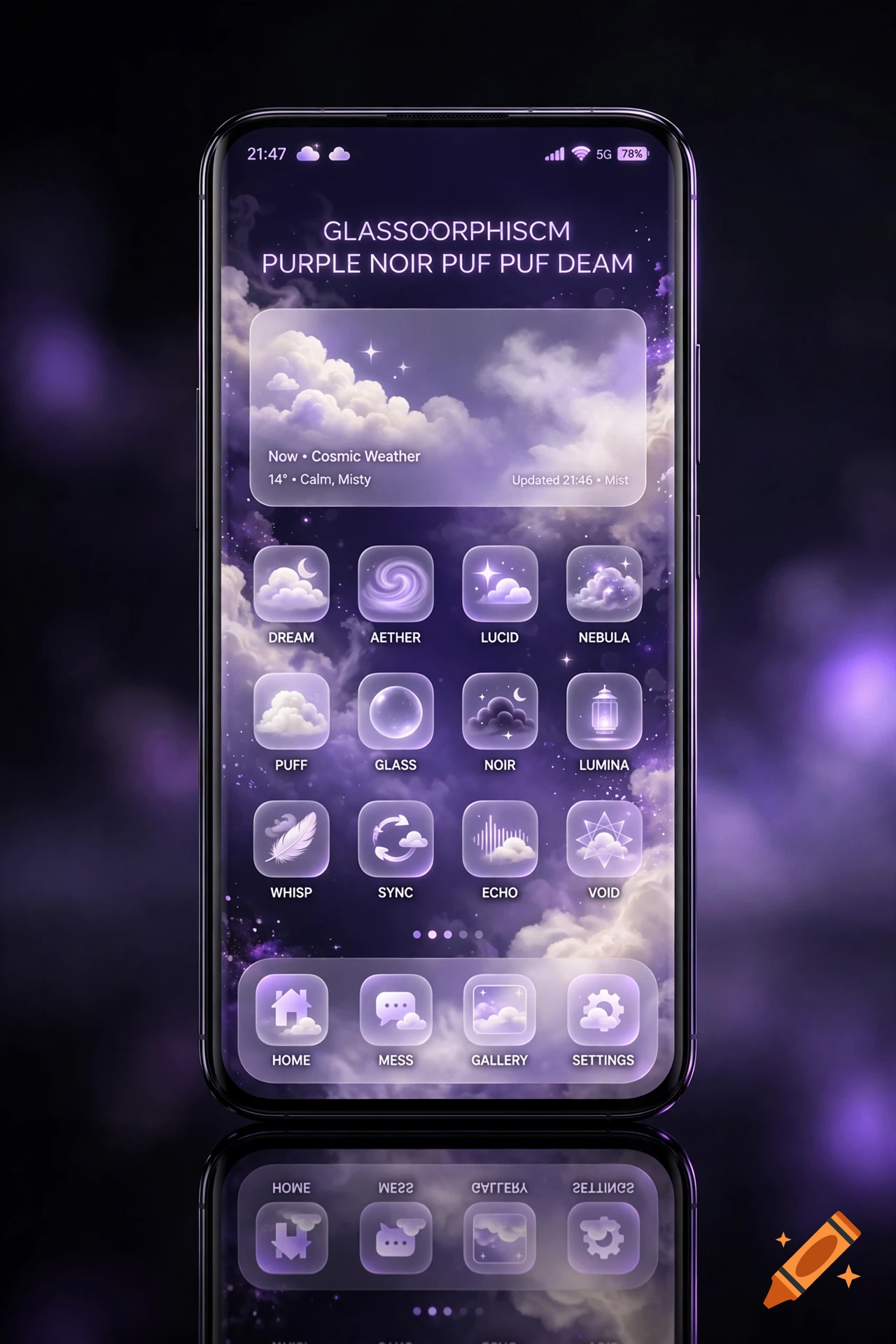 Smartphone displaying a purple glassmorphism UI theme with cloudy weather widgets and app icons.
