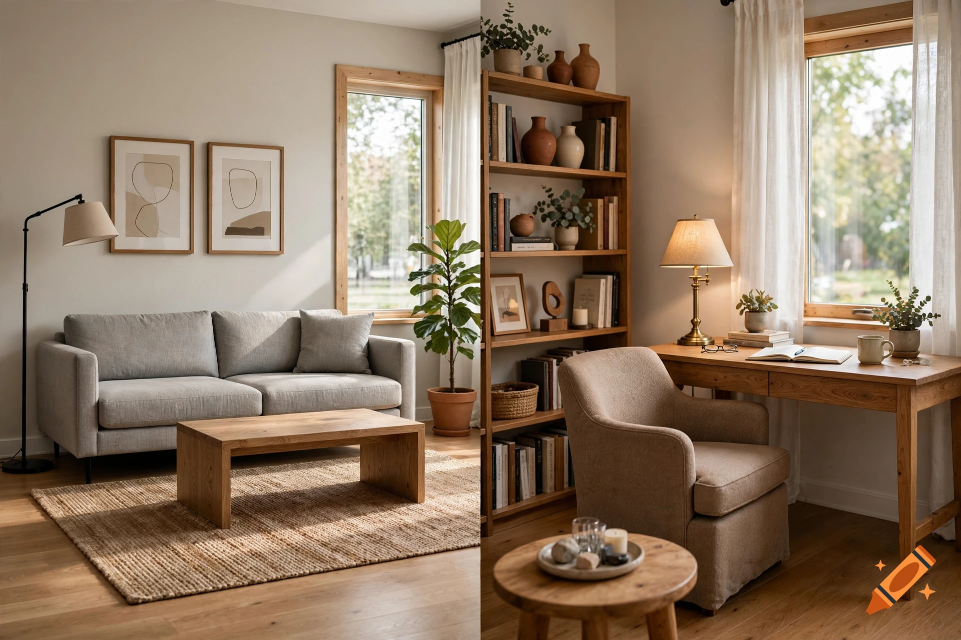 Photorealistic split-image showing two different modern living room interiors with wooden furniture and neutral decor.