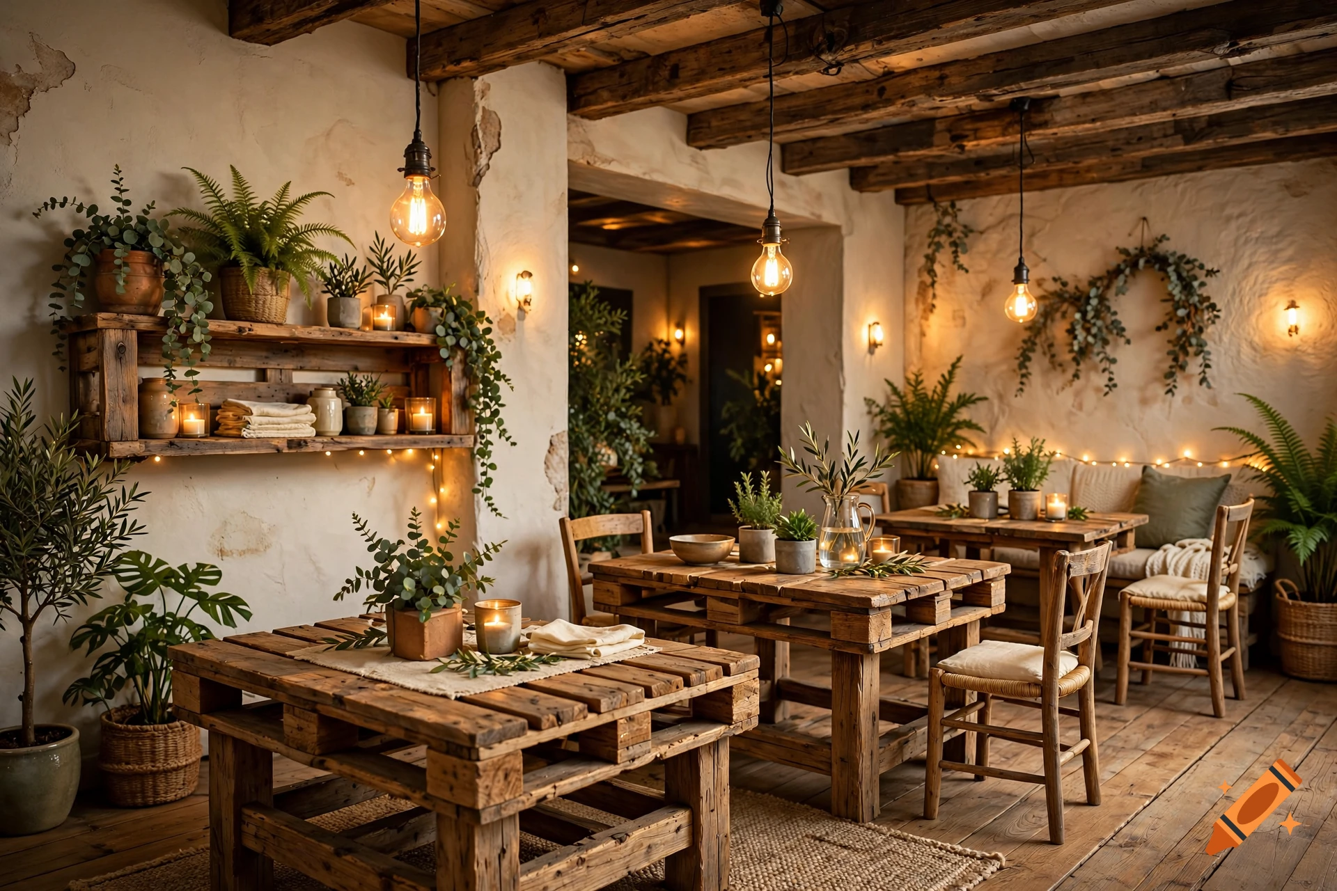 Photorealistic rustic dining interior with wooden pallet tables, warm hanging pendant lights, and numerous potted green plants.