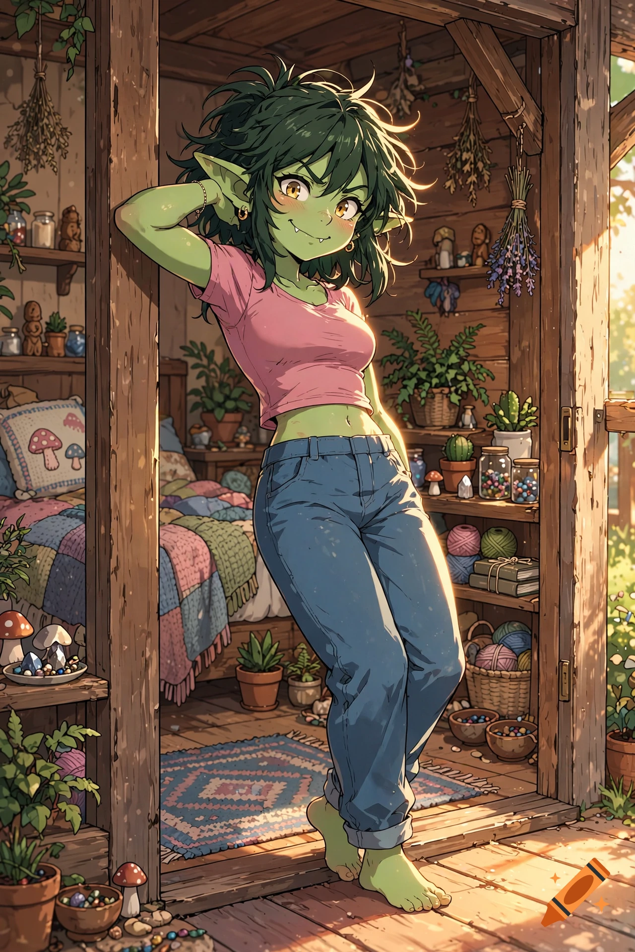 Anime style illustration of a young green-skinned goblin woman smiling and leaning against a doorway.