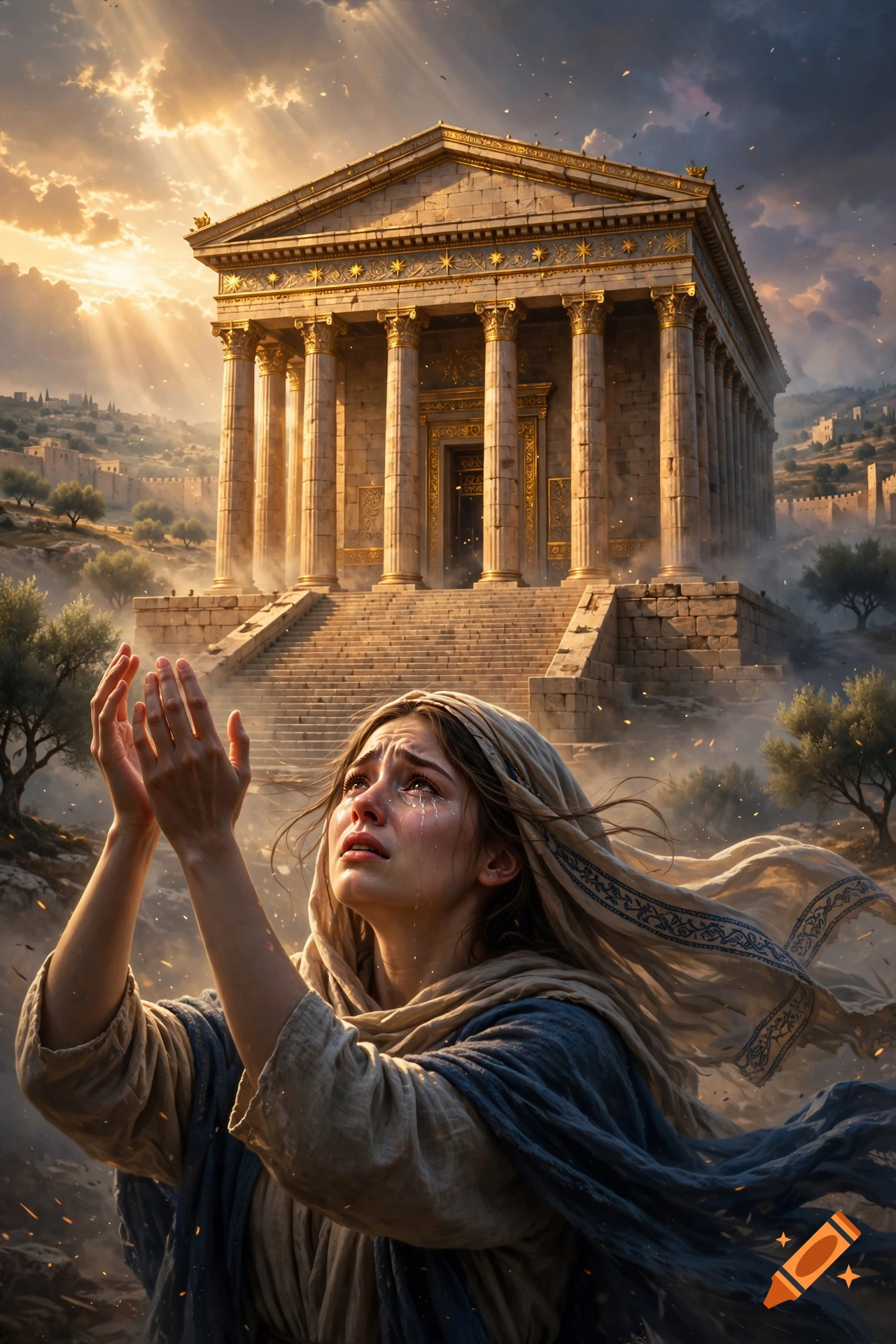 A woman weeping with hands raised in prayer before an ancient stone temple in a cinematic style.