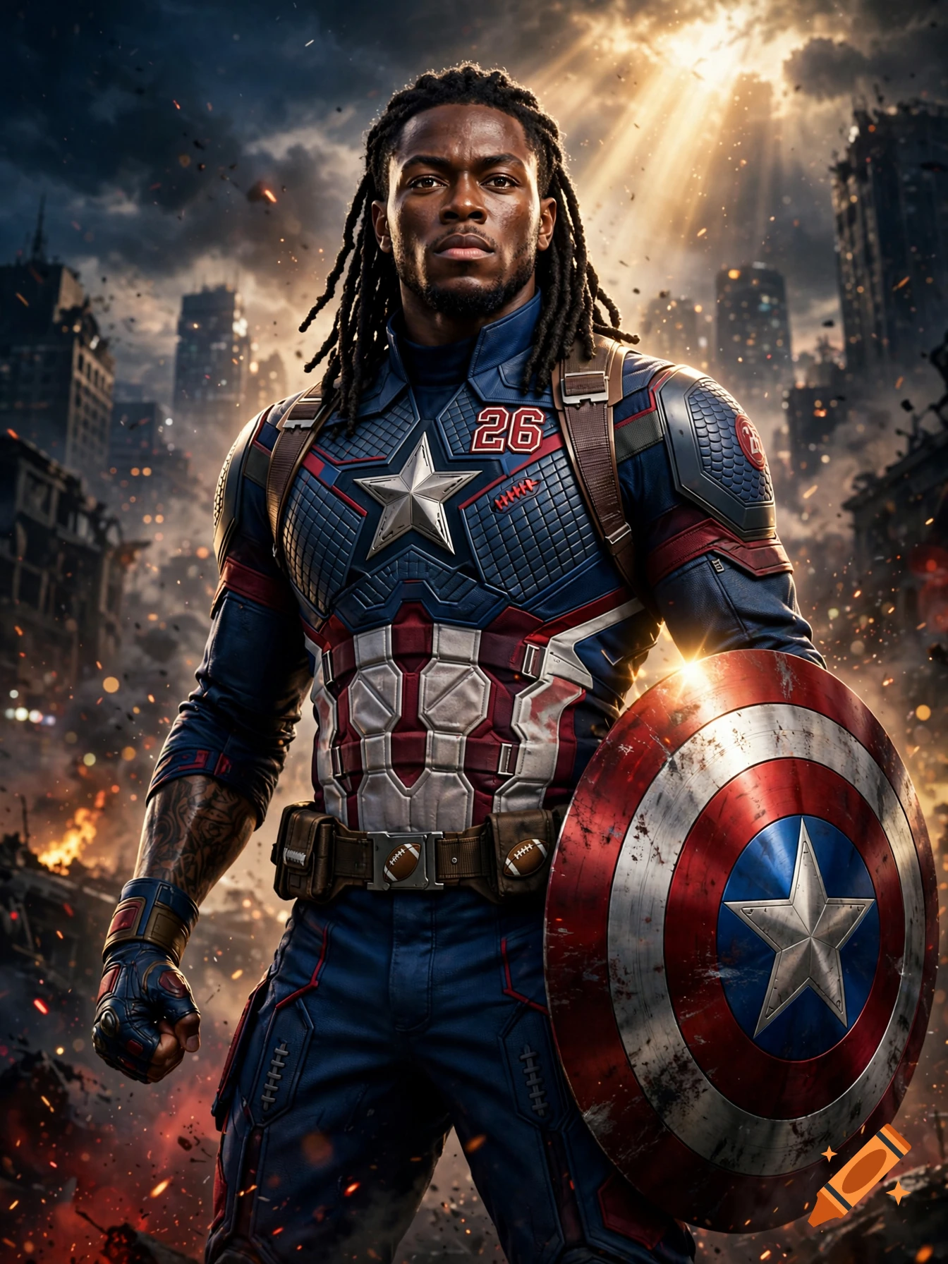Photorealistic image of NFL player Jahmyr Gibbs as Captain America, holding a weathered shield amidst a ruined cityscape.