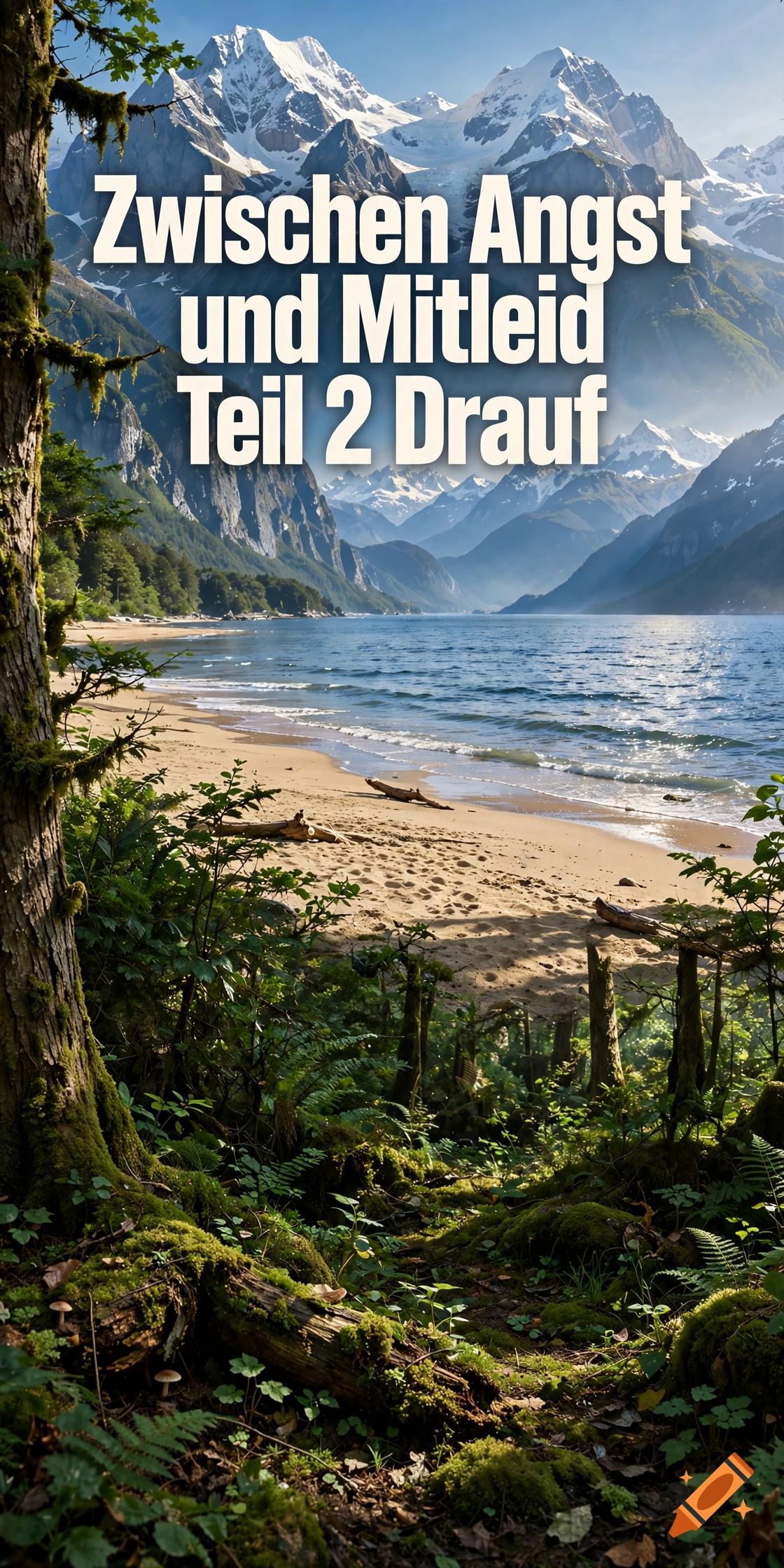 Photorealistic poster featuring a forest, sandy beach, lake, and snowy mountains in the background with German text.