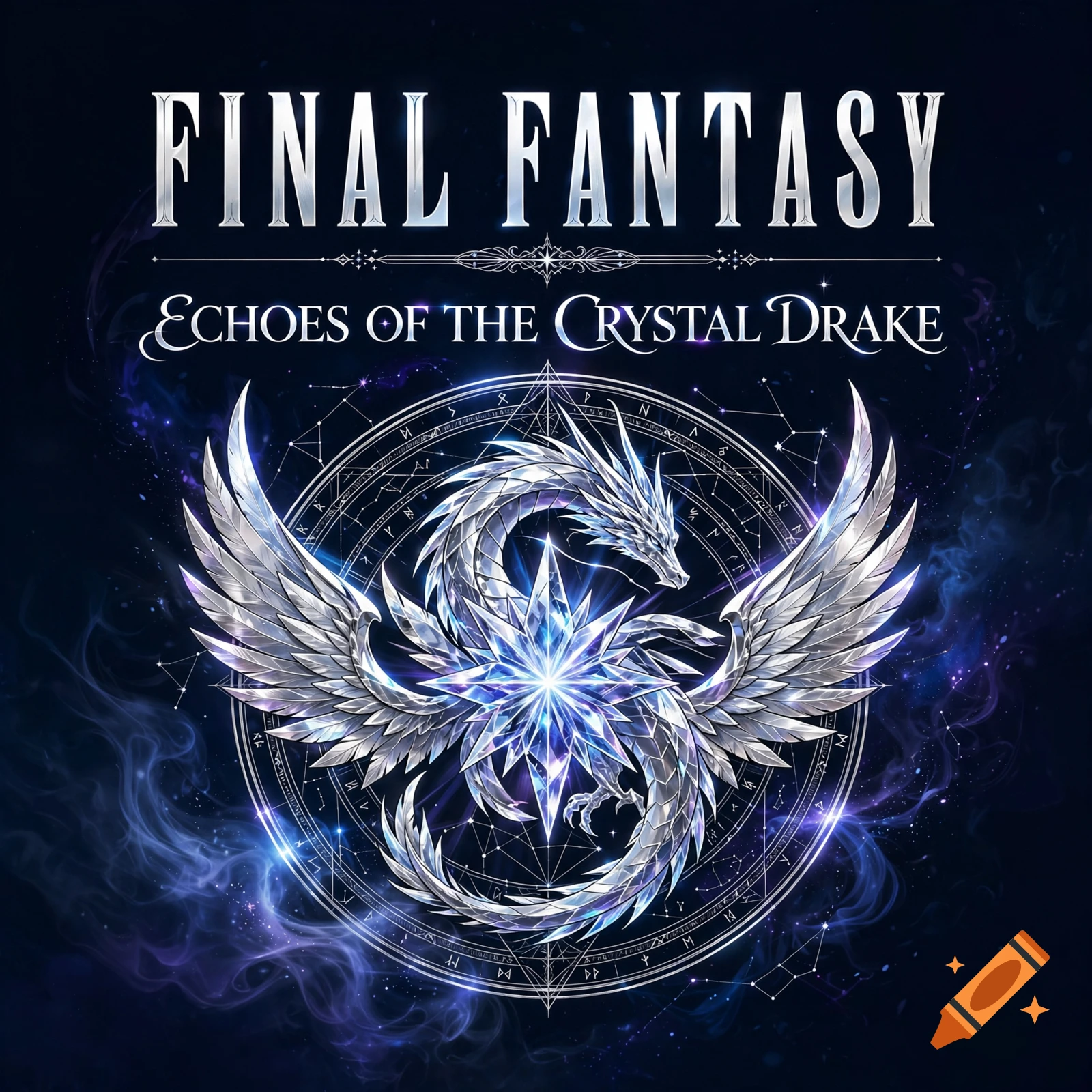 Logo for Final Fantasy featuring a silver crystalline dragon with wings and a glowing star emblem over a magical circle against a dark blue background.
