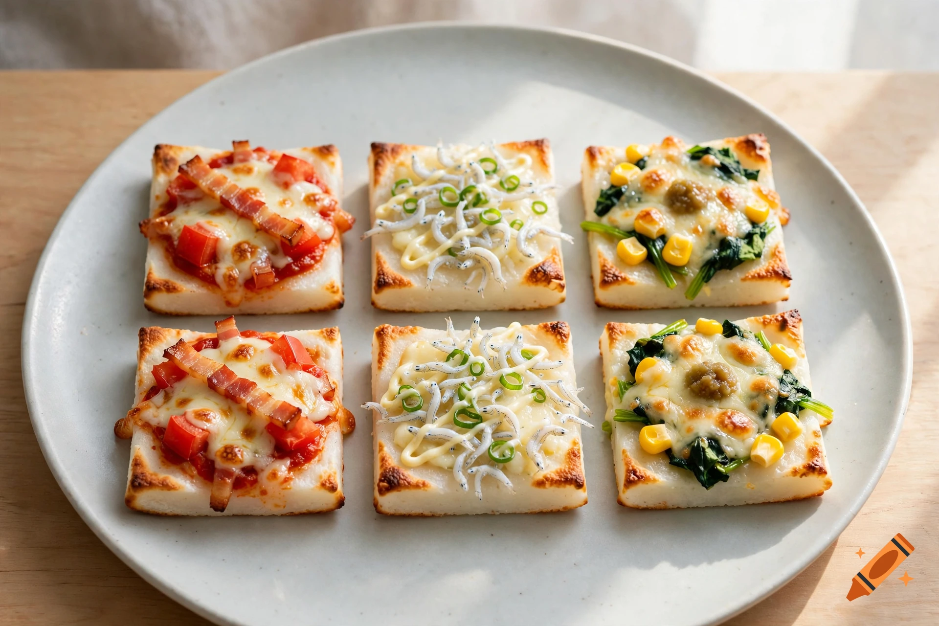 Photorealistic image of six bite-sized square mochi pizzas with different toppings arranged on a large grey plate.