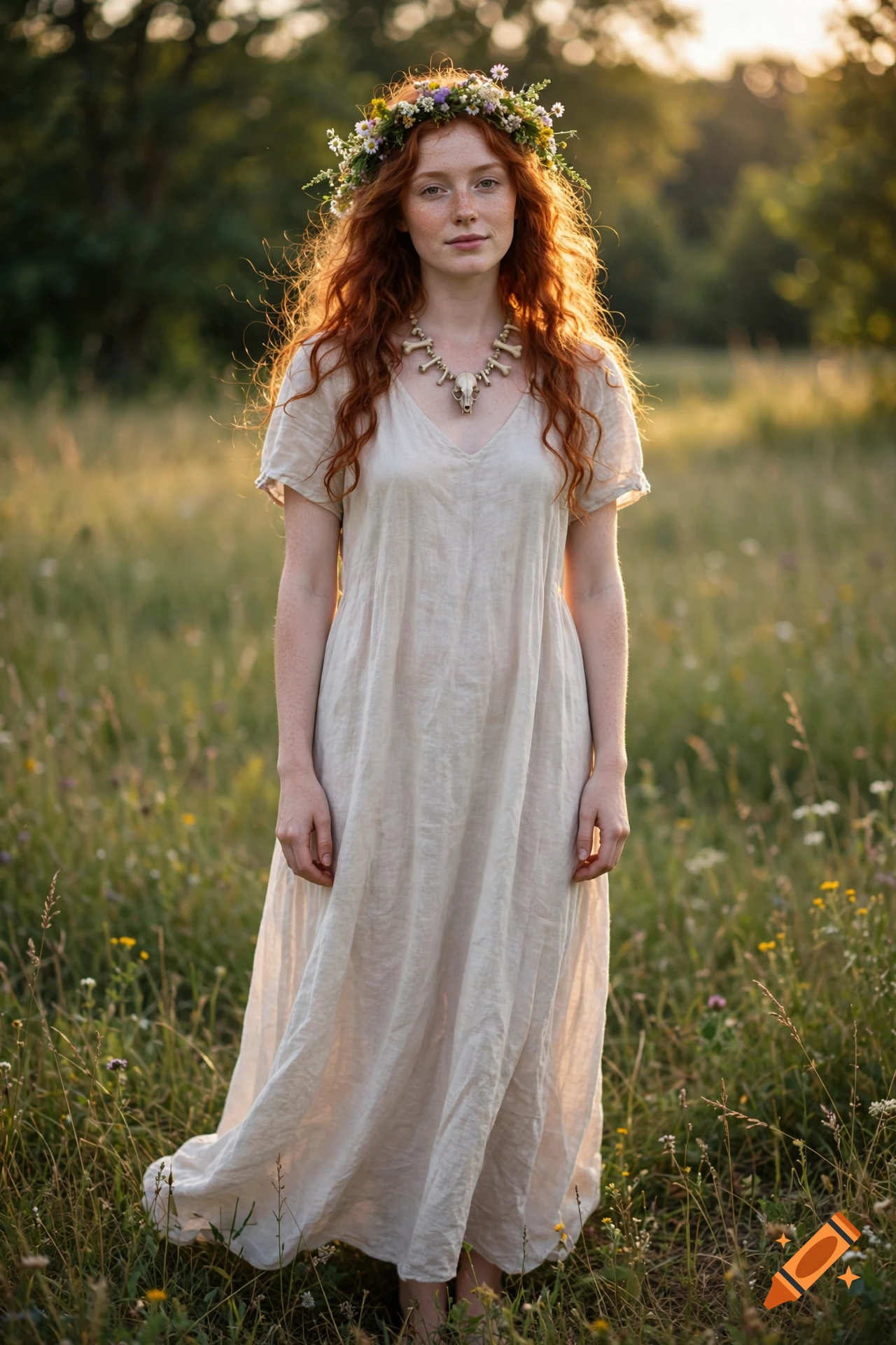A portrait of a young woman with long red hair wearing a flower crown and a light-colored linen dress, standing in a grassy field during golden hour.