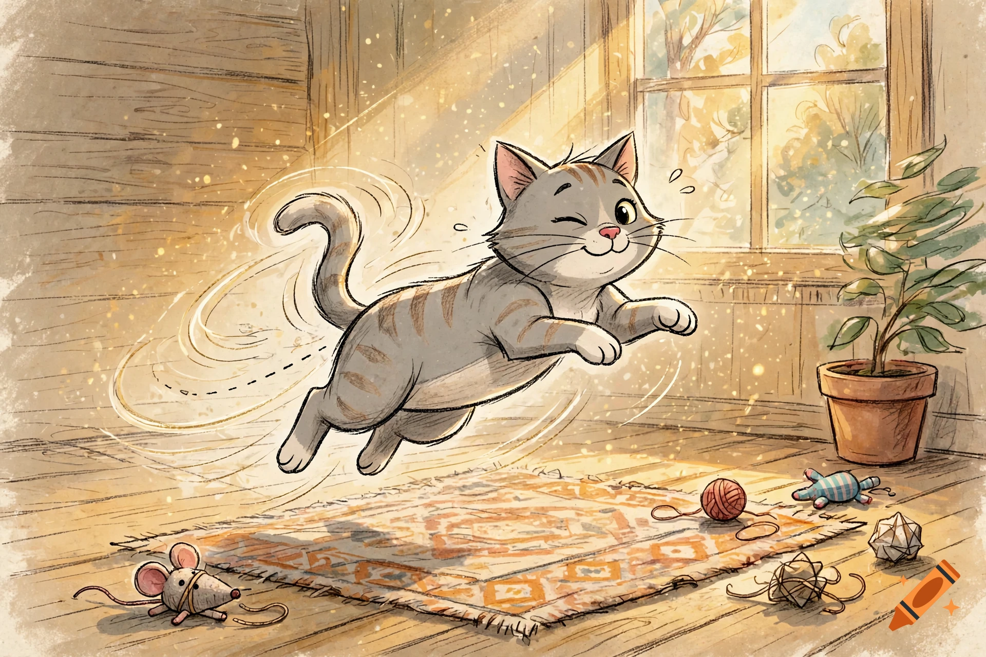 A cute gray tabby cat leaping playfully in a sunlit wooden room with toys, in a hand-drawn illustration style.